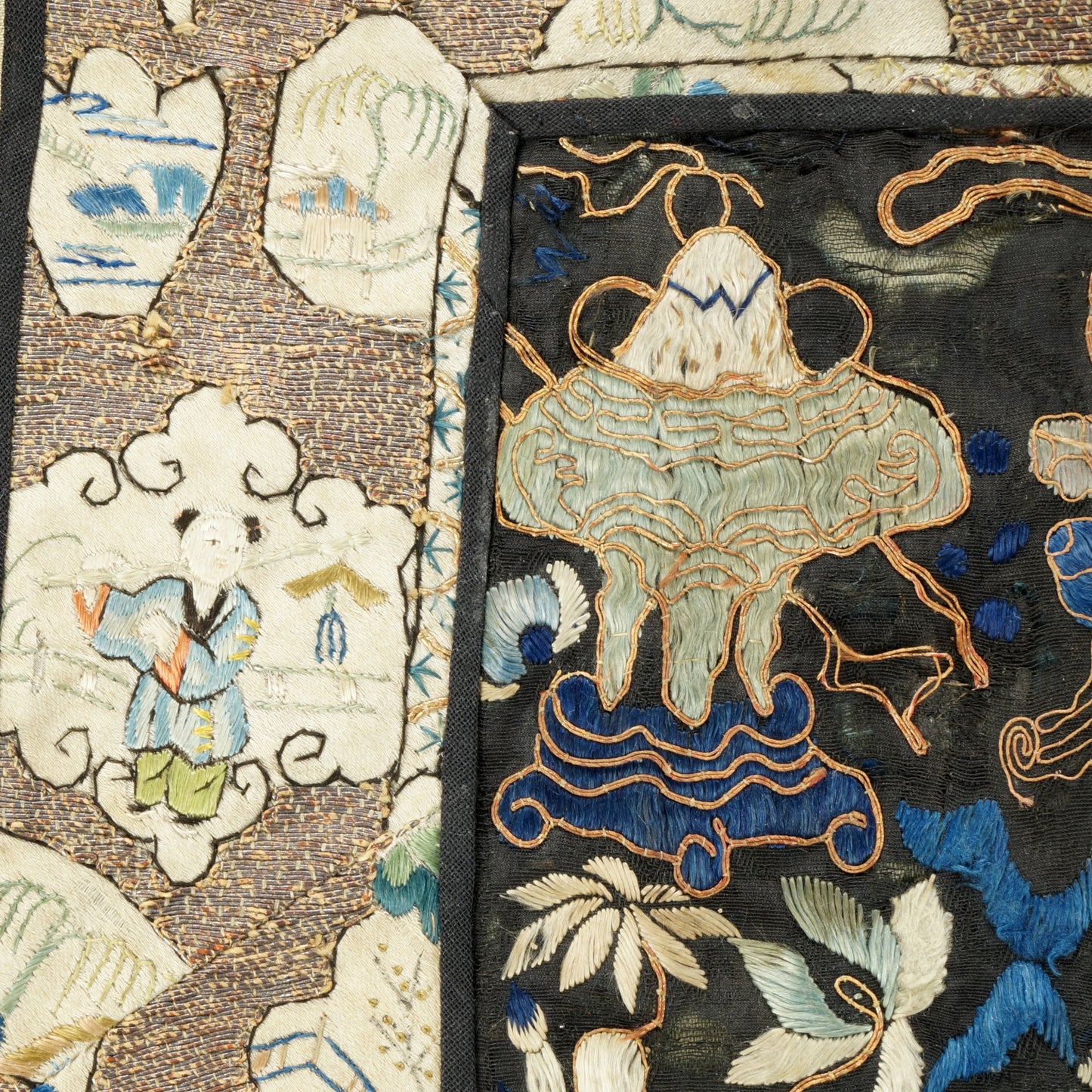 Chinese Silk Embroidered Panel with Embroidered Border Late Qing - Bear and Raven Antiques