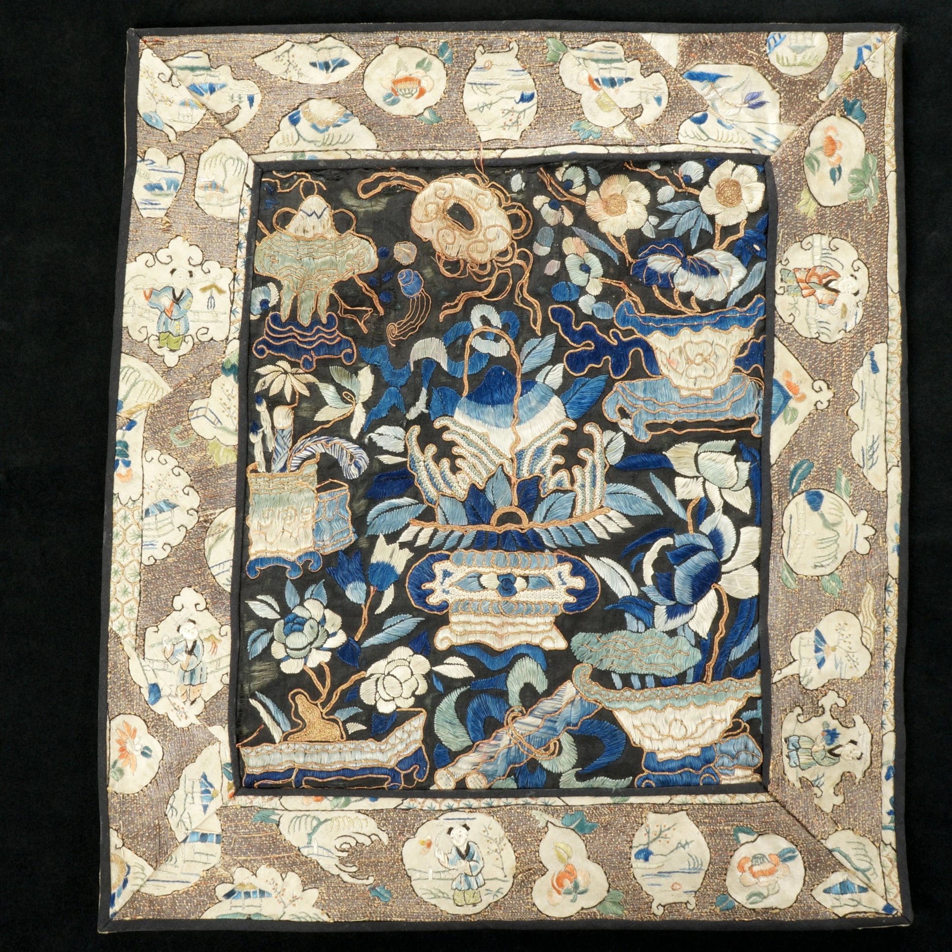 Chinese Silk Embroidered Panel with Embroidered Border Late Qing - Bear and Raven Antiques