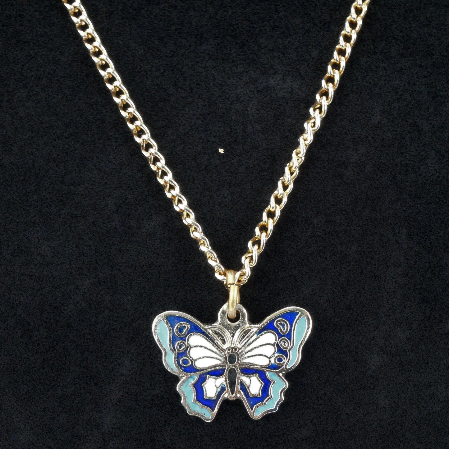 Cloisonne Enamel Blue Butterfly Charm or Pendant w/16 in Goldtone Chain - Bear and Raven Antiques