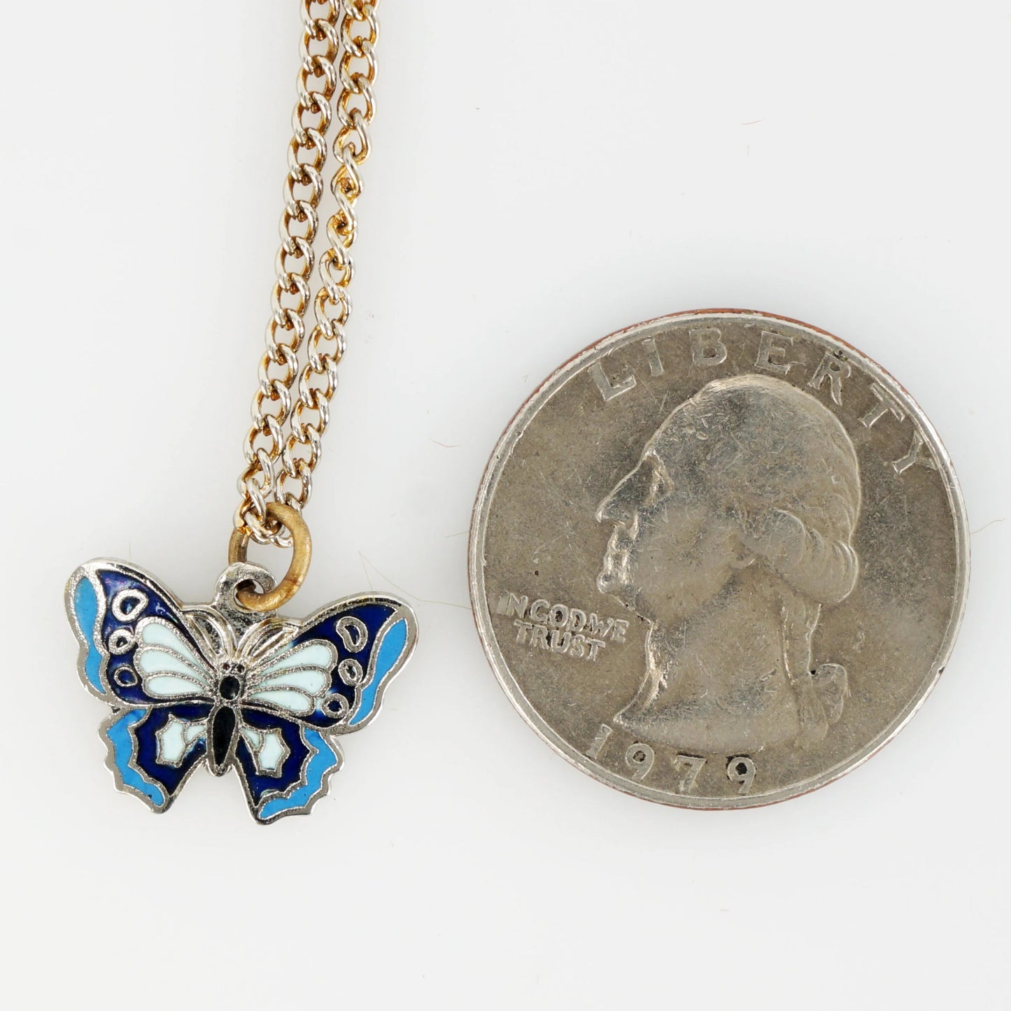 Cloisonne Enamel Blue Butterfly Charm or Pendant w/16 in Goldtone Chain - Bear and Raven Antiques