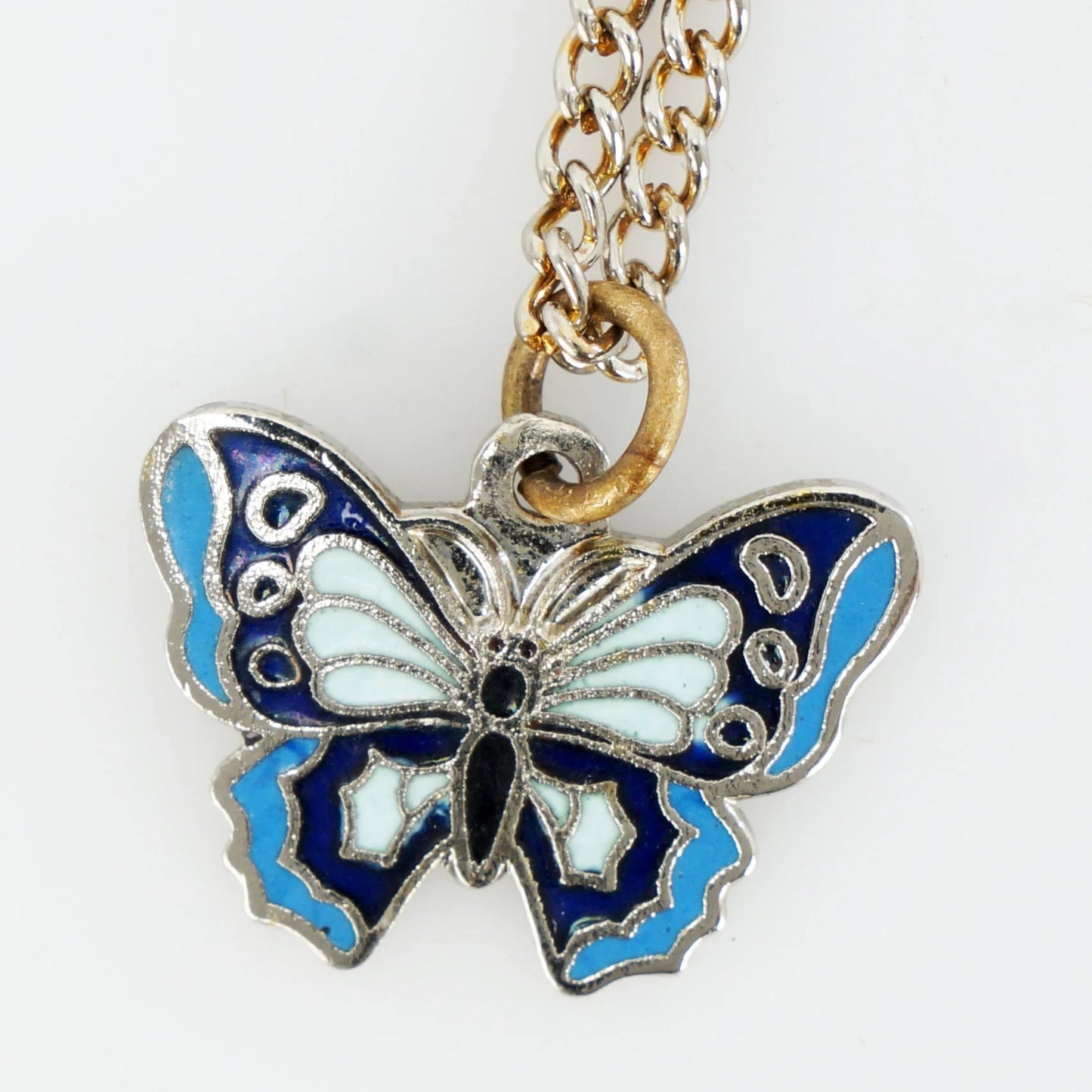 Cloisonne Enamel Blue Butterfly Charm or Pendant w/16 in Goldtone Chain - Bear and Raven Antiques