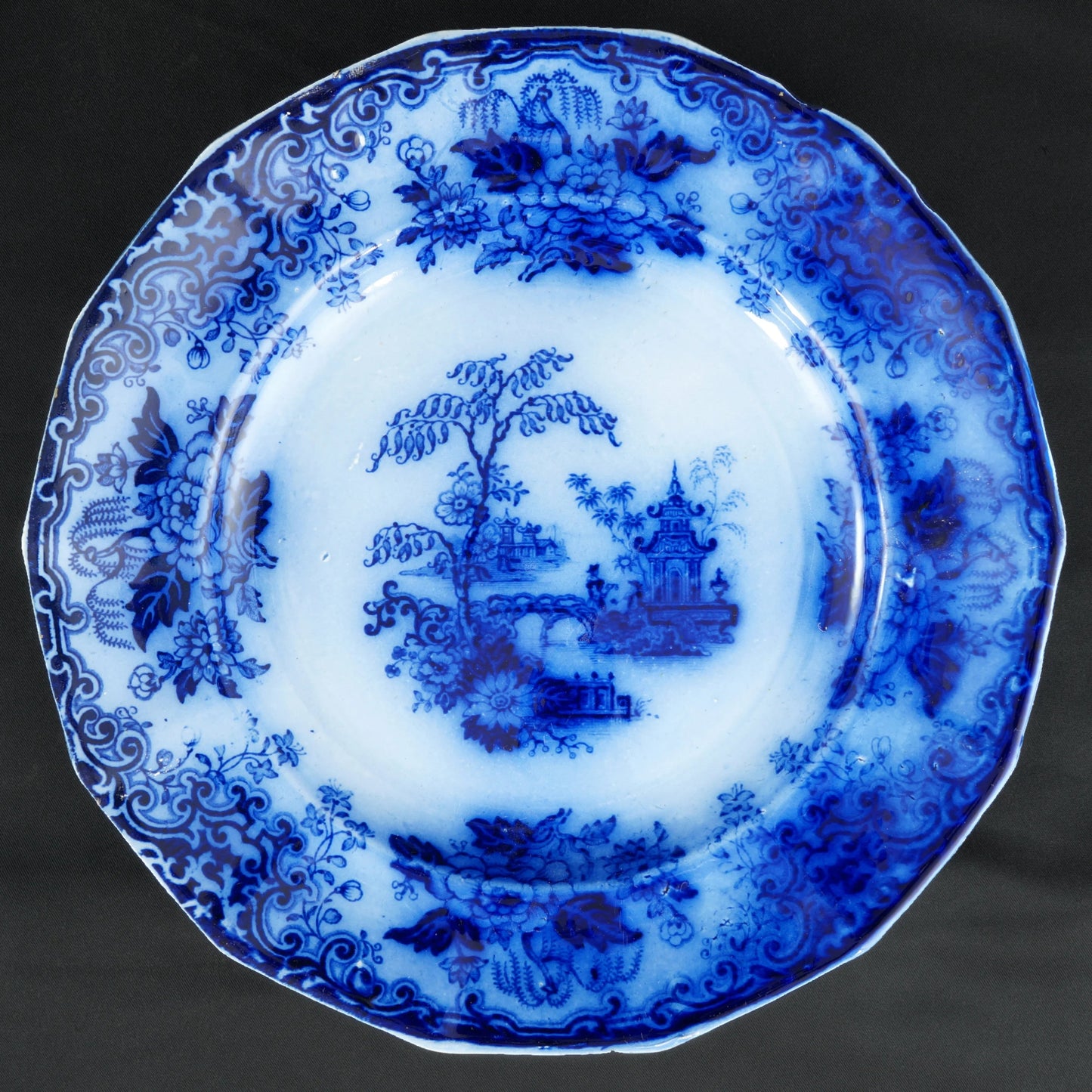 Flow Blue Chinoiserie Luncheon Ironstone Plate Peter Holdcroft Chusan Pattern c 1850 - Bear and Raven Antiques