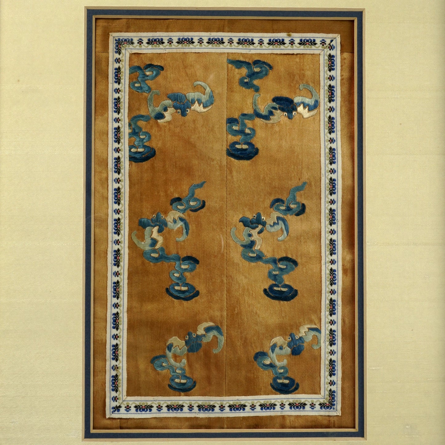 Framed Chinese Embroidered Silk Sleeve Panel Bats in Clouds Late Qing/Republic - Bear and Raven Antiques