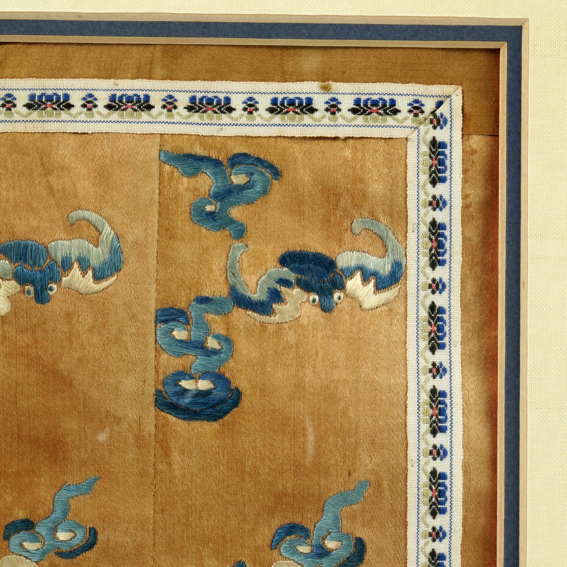 Framed Chinese Embroidered Silk Sleeve Panel Bats in Clouds Late Qing/Republic - Bear and Raven Antiques