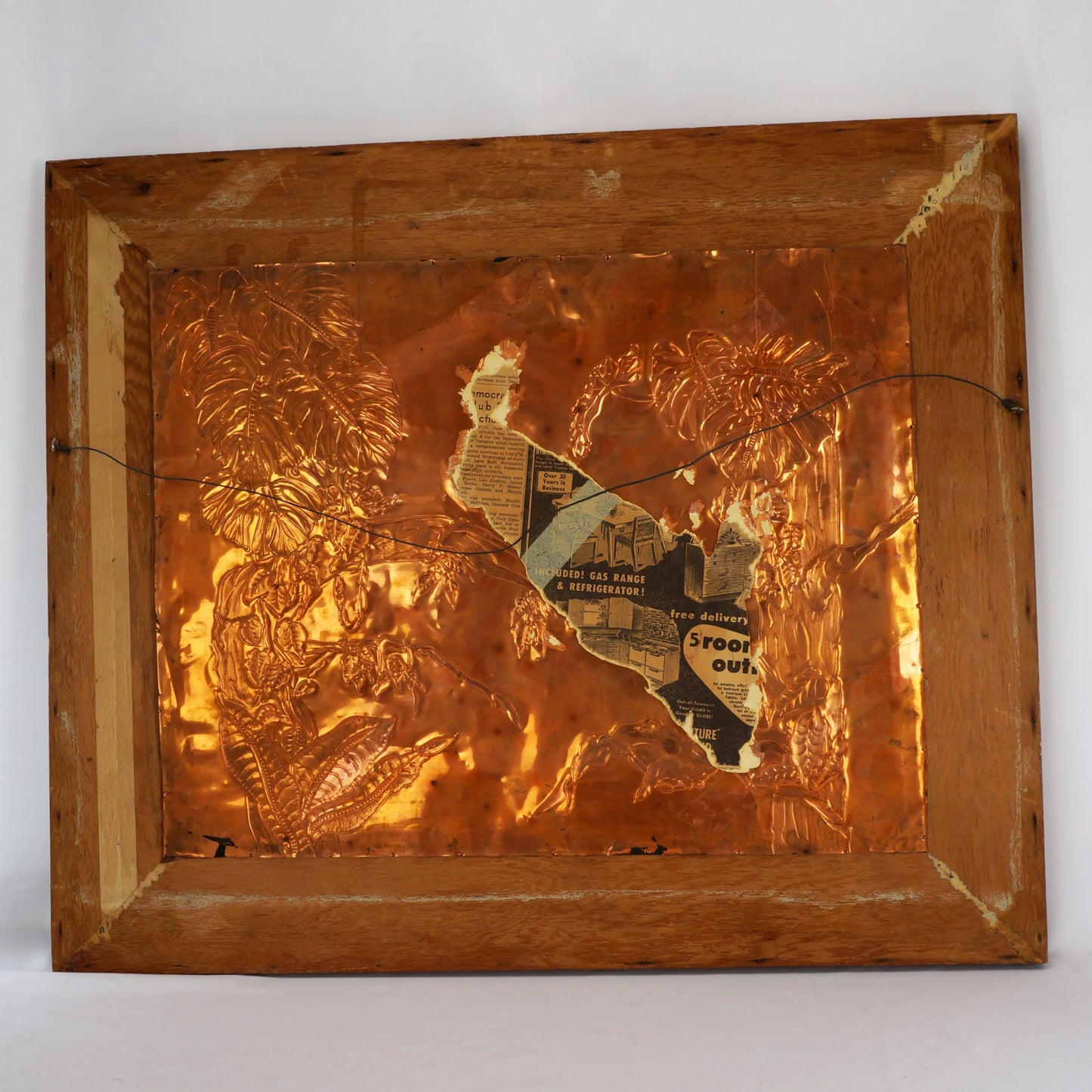 Framed Vintage Mid Century Copper Relief Tiger Split Leaf Philodendron Picture - Bear and Raven Antiques