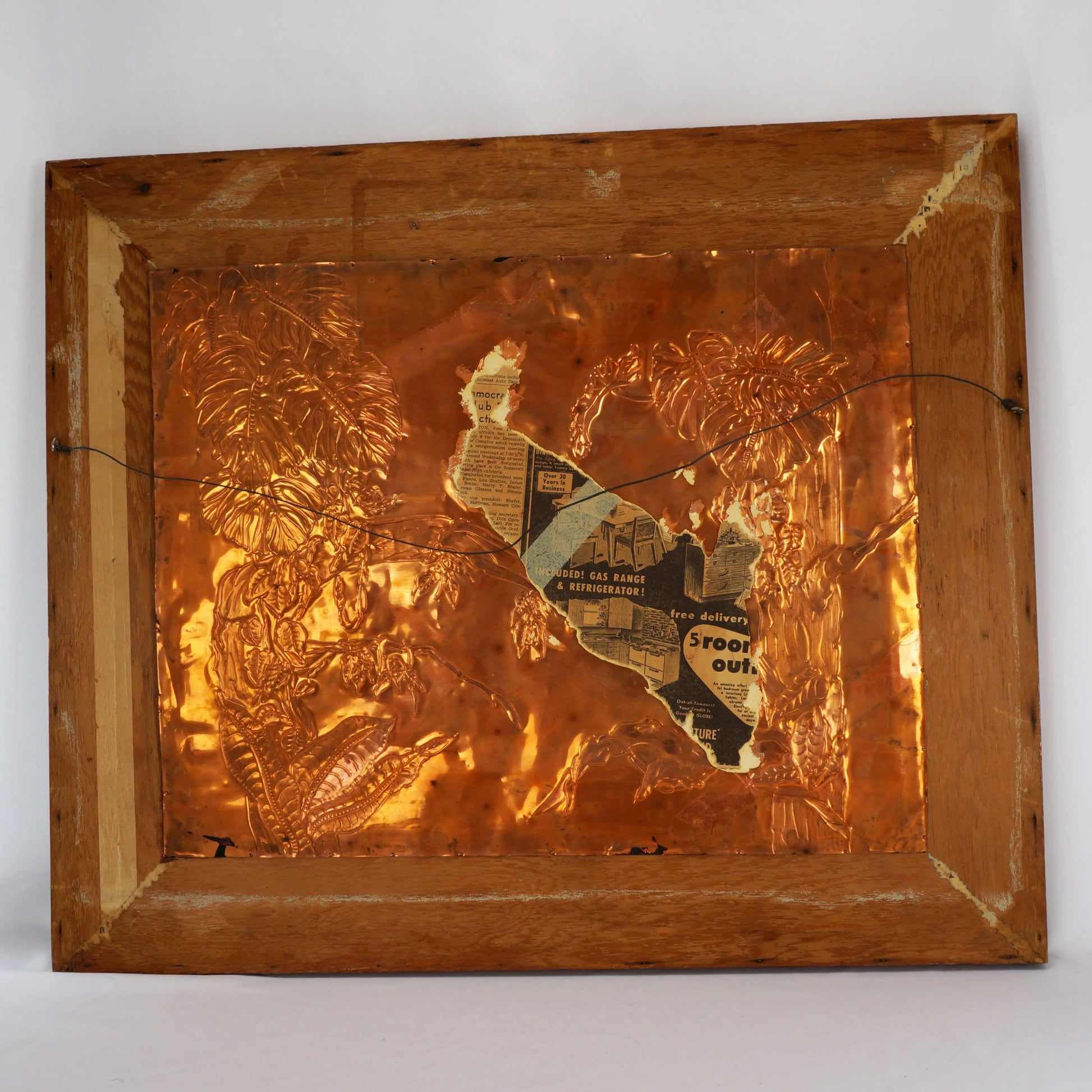 Framed Vintage Mid Century Copper Relief Tiger Split Leaf Philodendron Picture - Bear and Raven Antiques