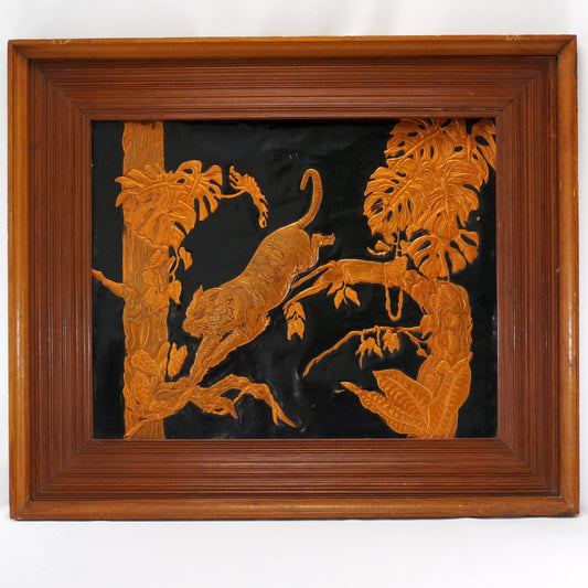 Framed Vintage Mid Century Copper Relief Tiger Split Leaf Philodendron Picture - Bear and Raven Antiques