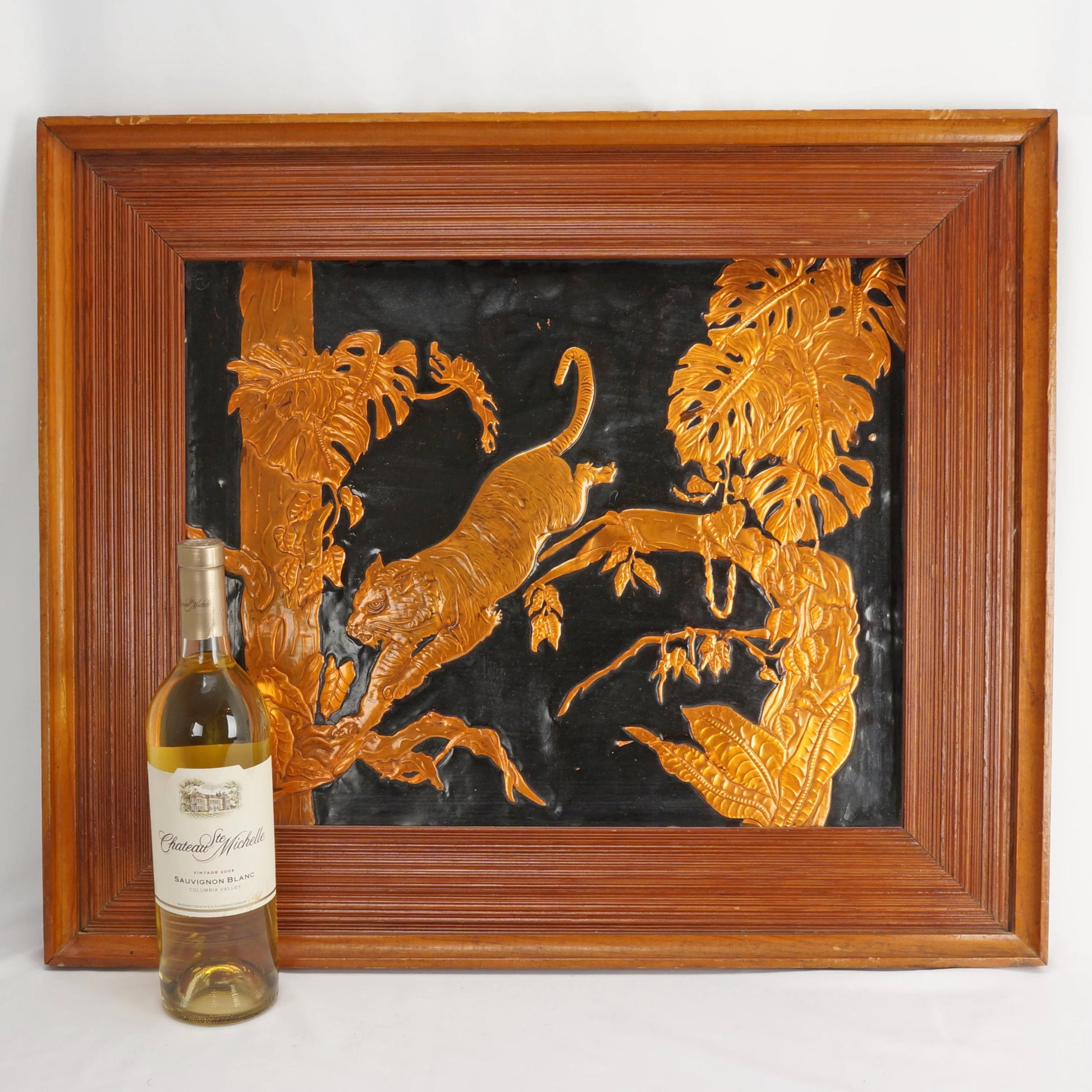 Framed Vintage Mid Century Copper Relief Tiger Split Leaf Philodendron Picture - Bear and Raven Antiques