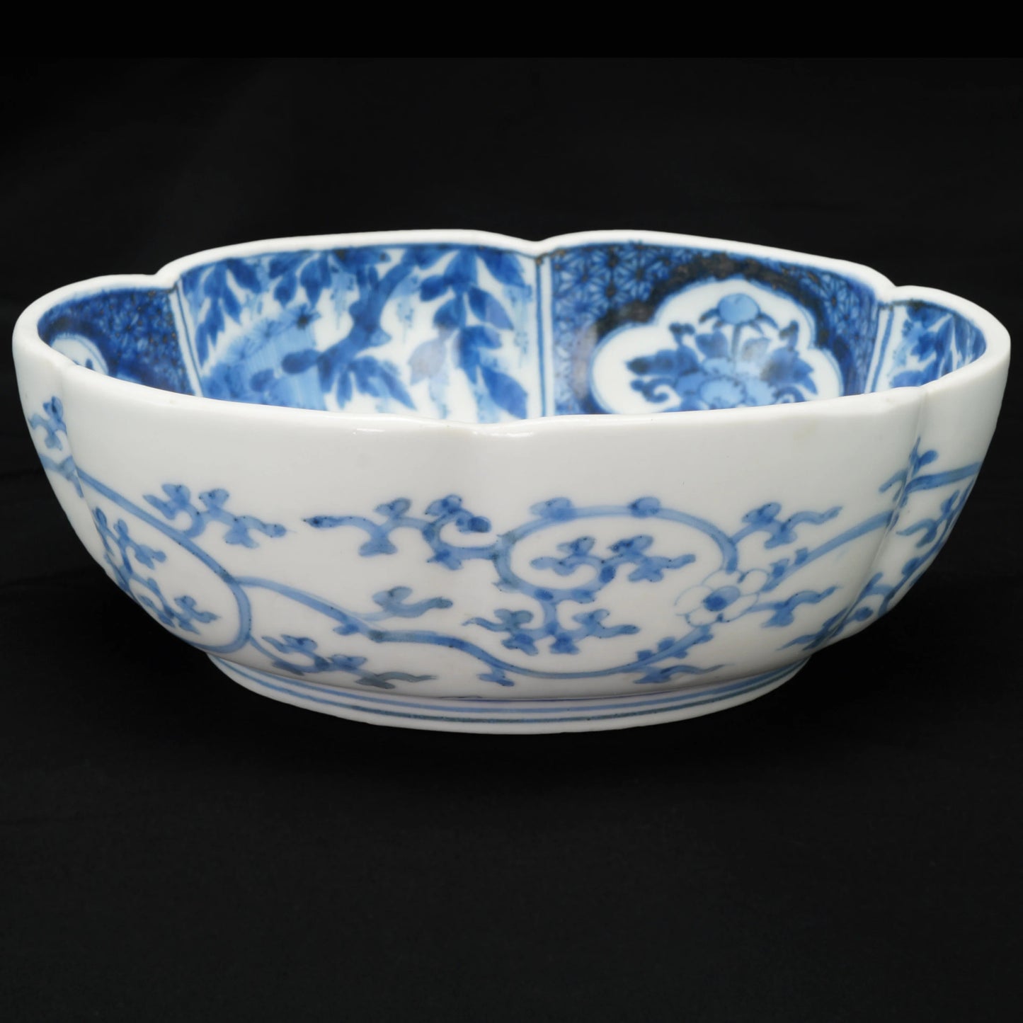 Japanese 19th C Blue and White Imari Lobed Bowl Chenghua Mark - Bear and Raven Antiques