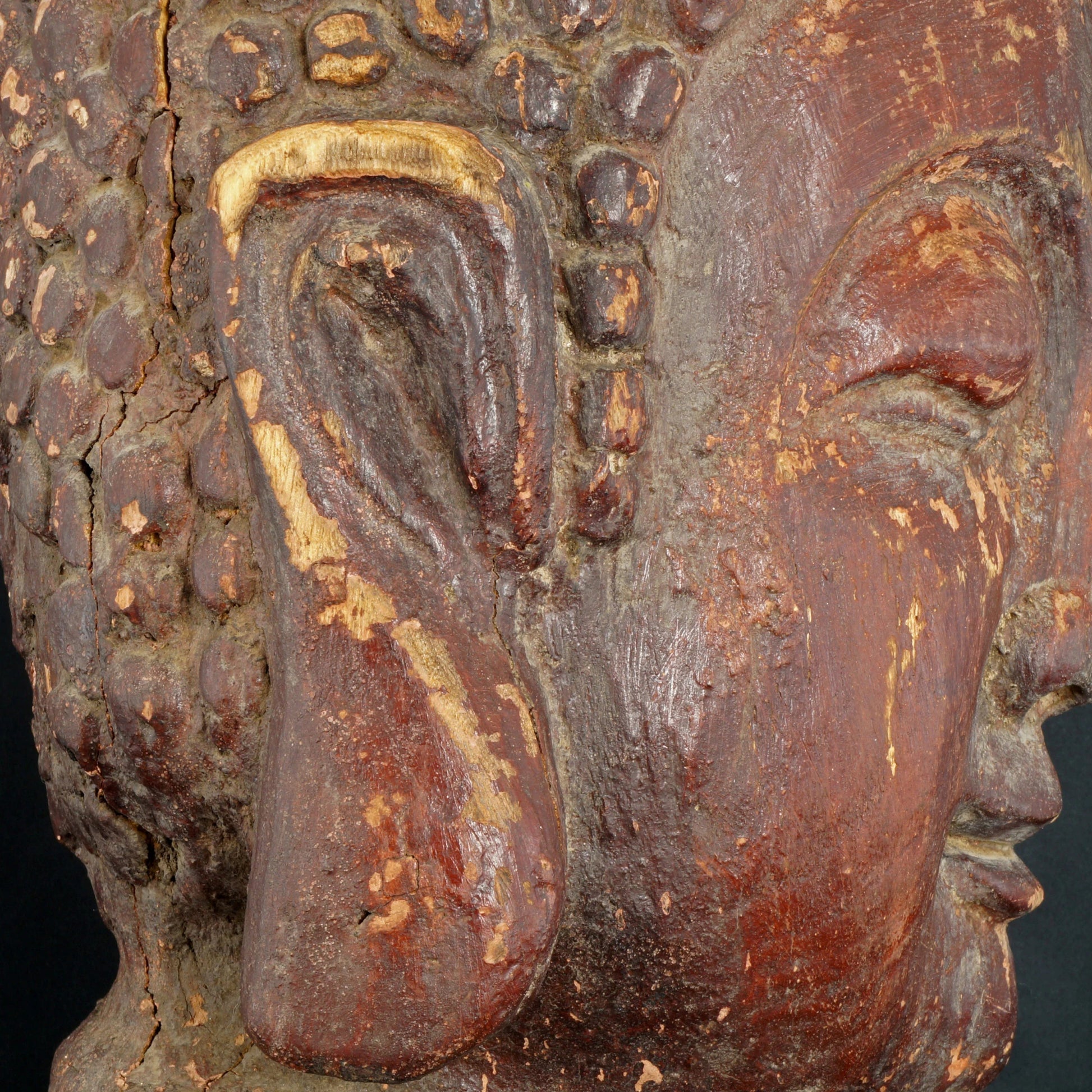 Large Antique Buddha Head Lacquer and Wood 19th Century - Bear and Raven Antiques