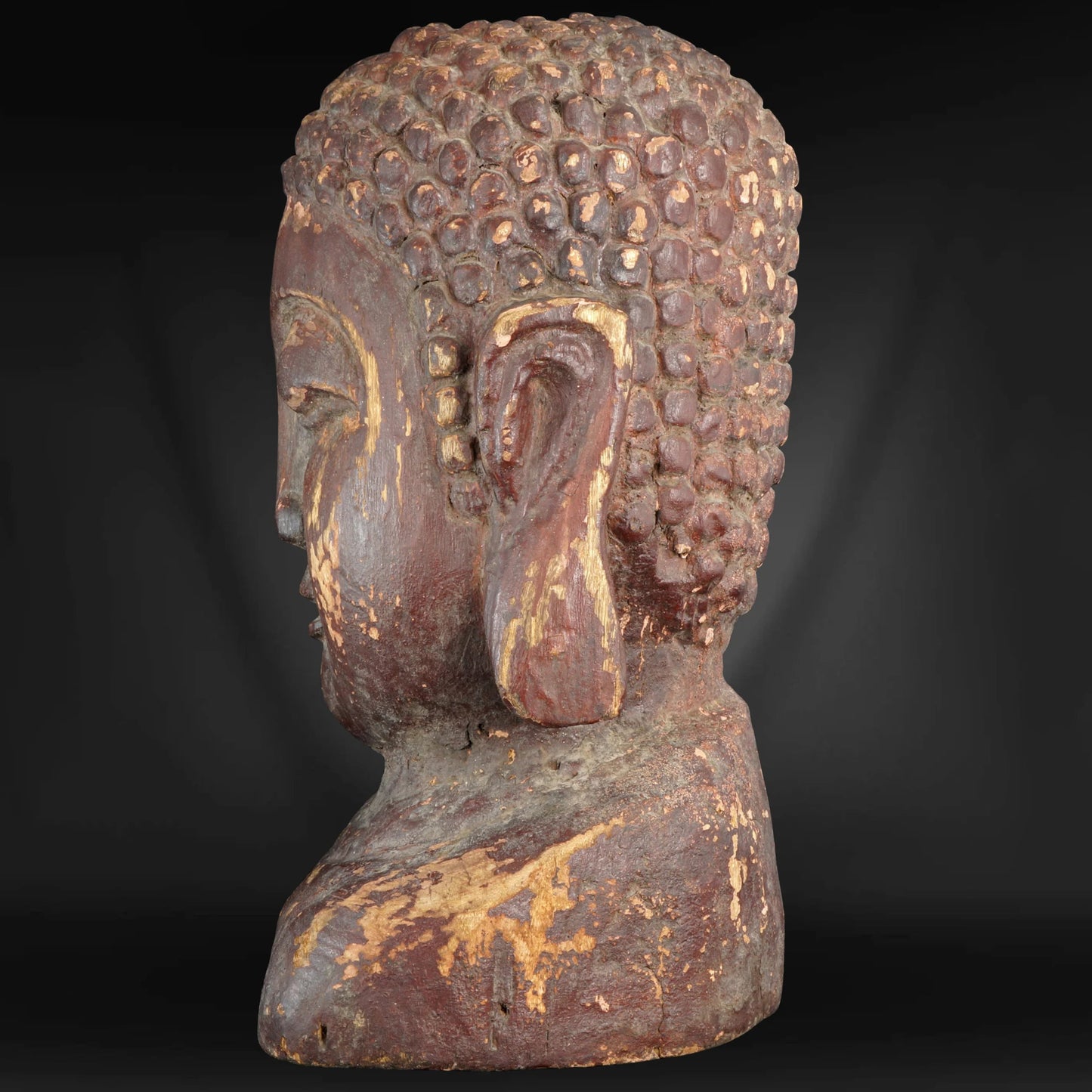 Large Antique Buddha Head Lacquer and Wood 19th Century - Bear and Raven Antiques