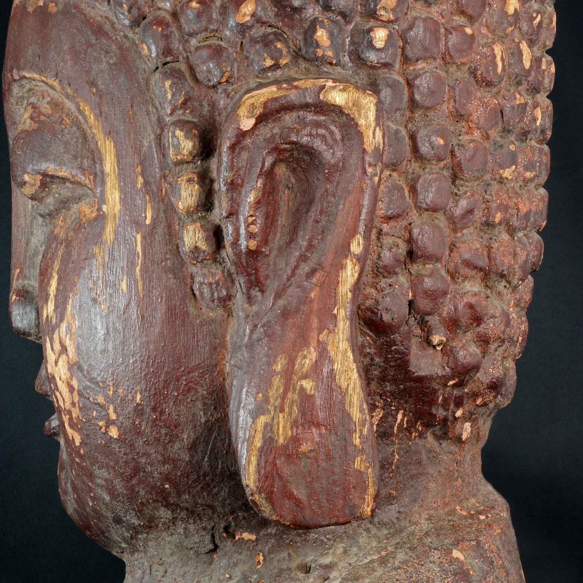 Large Antique Buddha Head Lacquer and Wood 19th Century - Bear and Raven Antiques