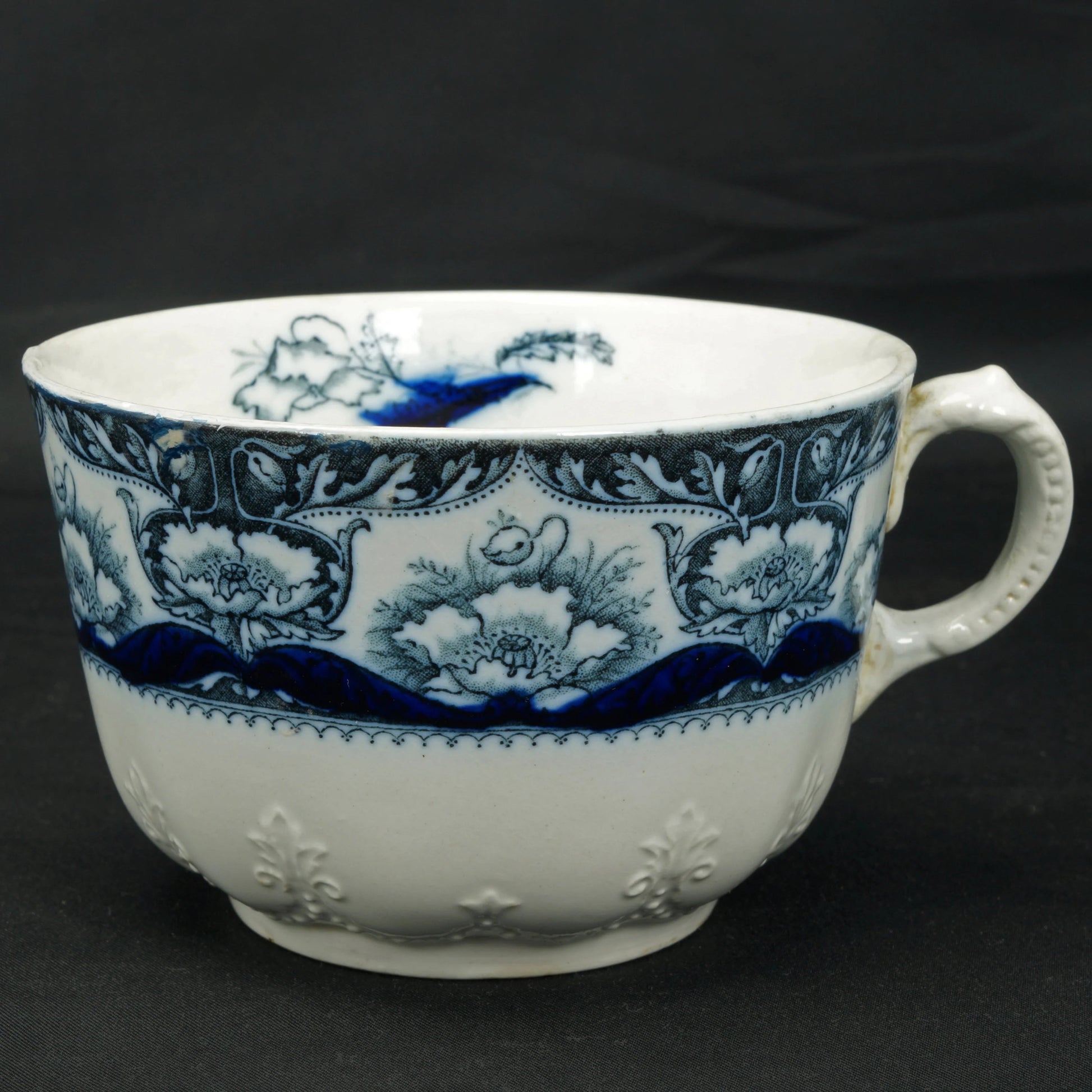 Large Antique Molded Staffordshire Transferware Teacup and Saucer - Bear and Raven Antiques