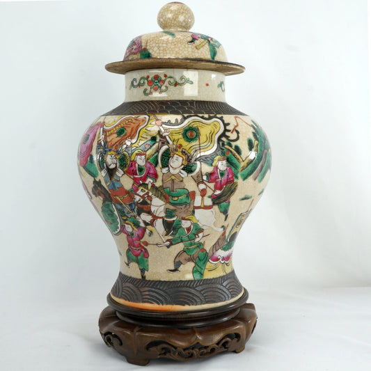 Large Chinese Warrior Lidded Jar Oatmeal Glaze Circa 1900 - Bear and Raven Antiques