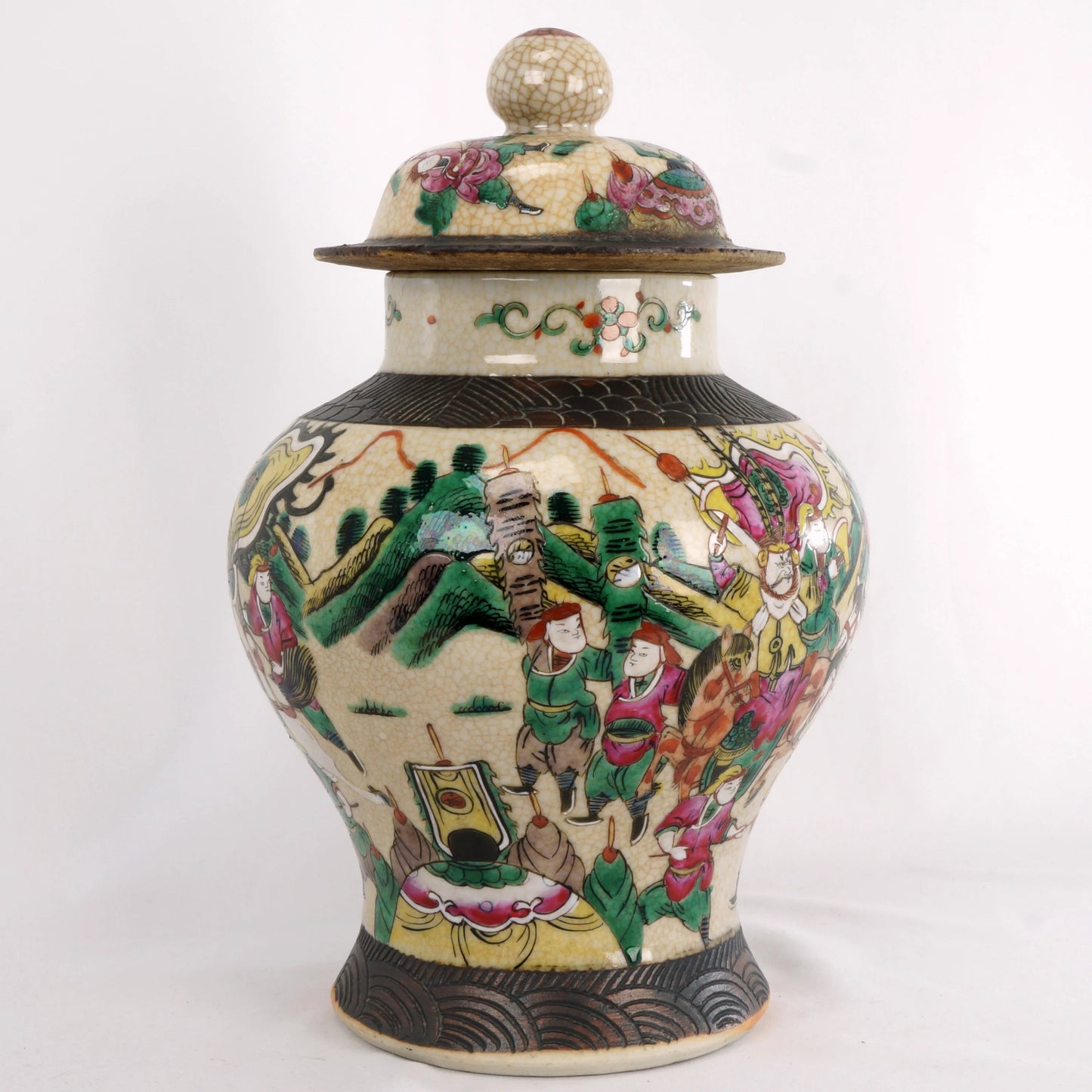 Large Chinese Warrior Lidded Jar Oatmeal Glaze Circa 1900 - Bear and Raven Antiques