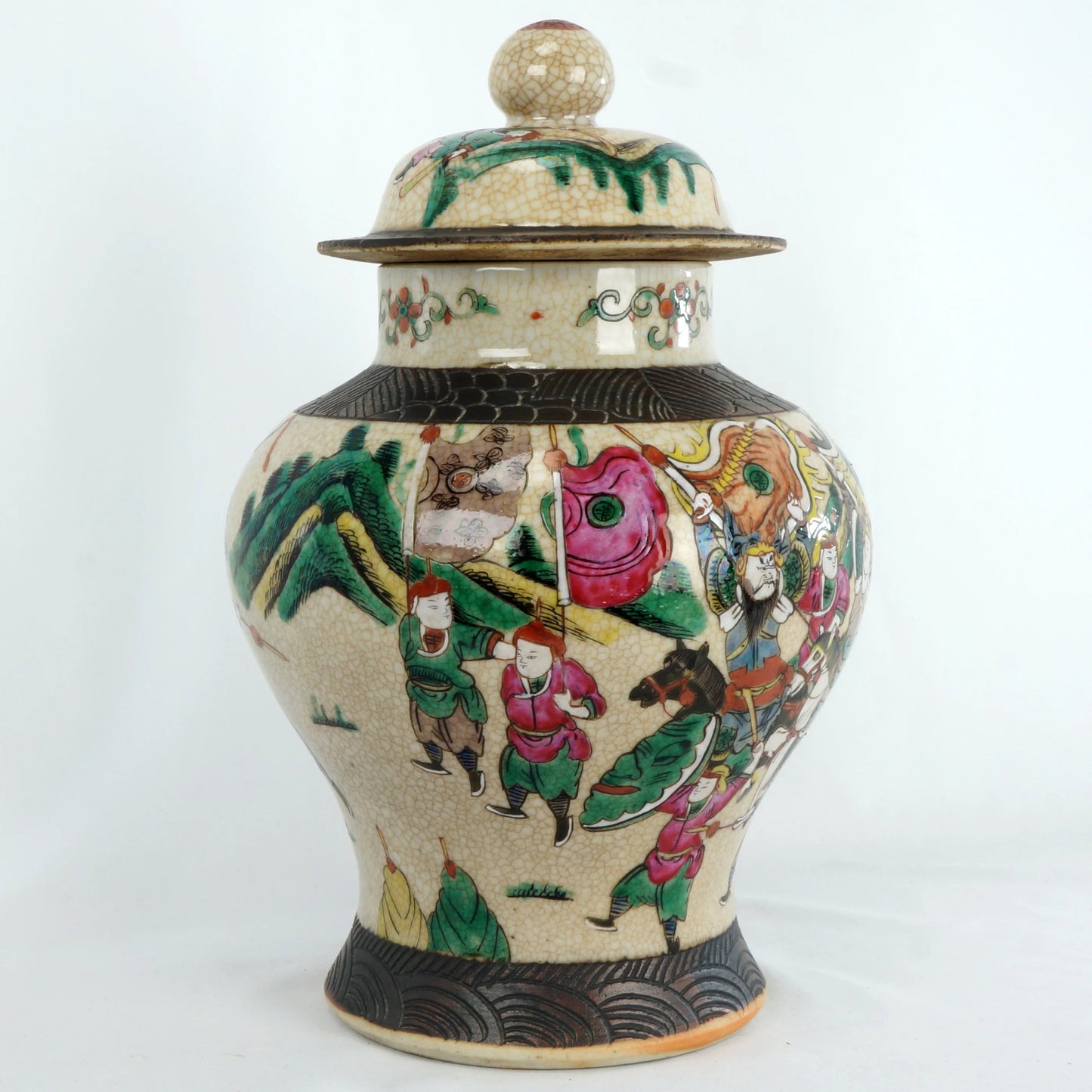 Large Chinese Warrior Lidded Jar Oatmeal Glaze Circa 1900 - Bear and Raven Antiques