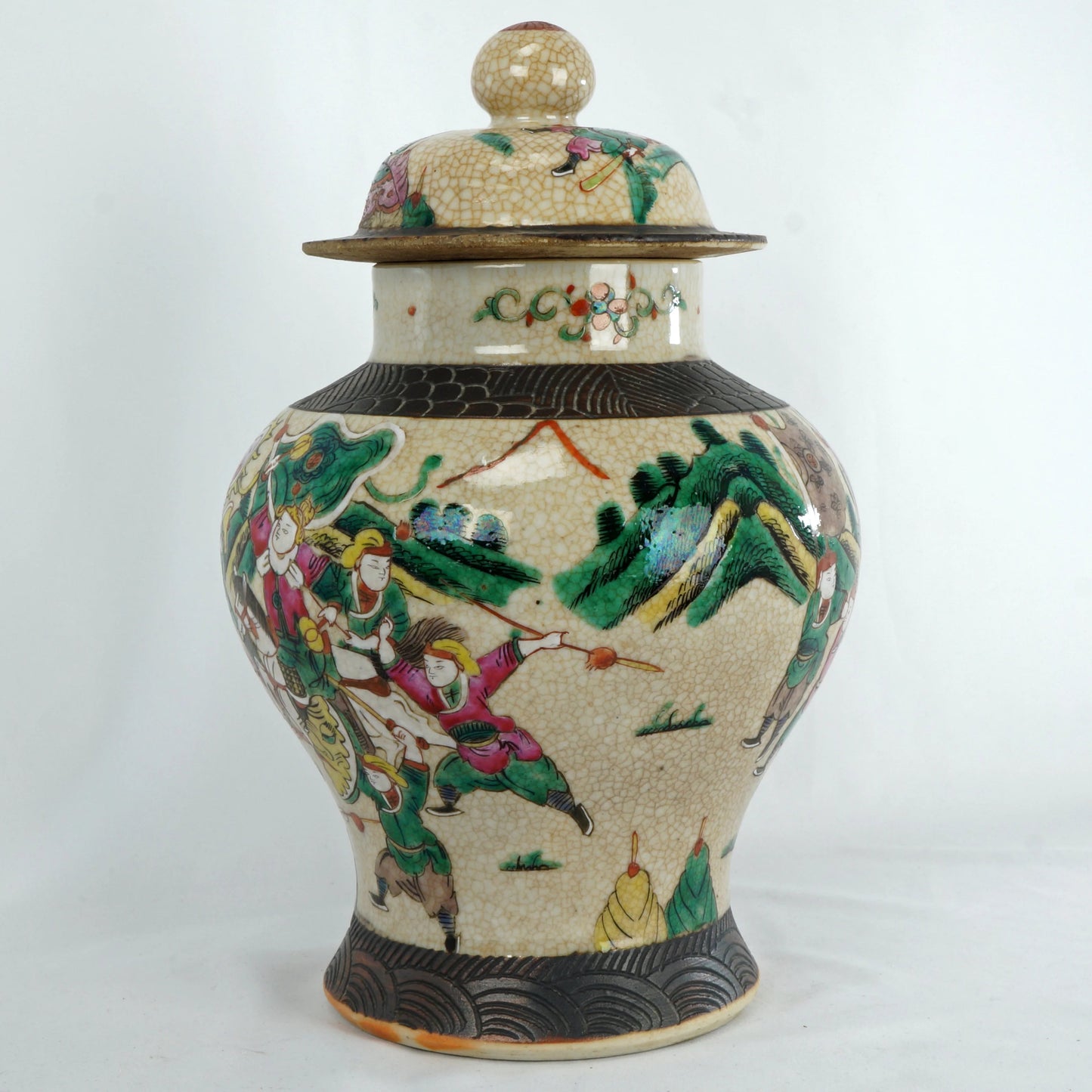 Large Chinese Warrior Lidded Jar Oatmeal Glaze Circa 1900 - Bear and Raven Antiques