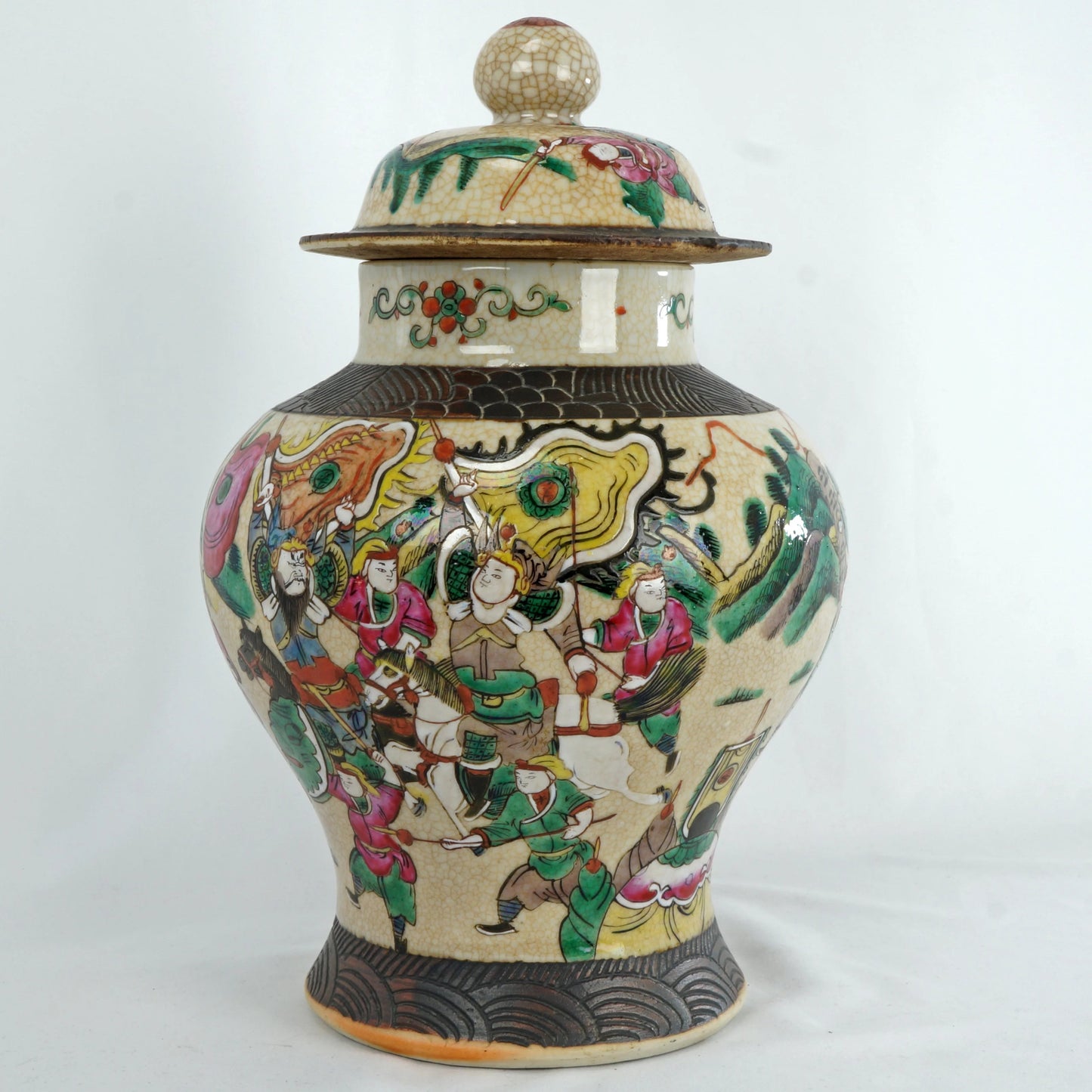 Large Chinese Warrior Lidded Jar Oatmeal Glaze Circa 1900 - Bear and Raven Antiques