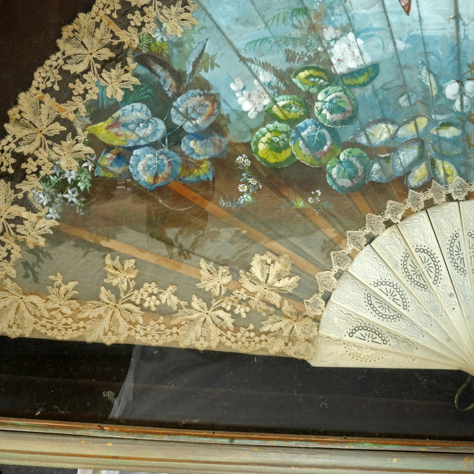 Large Framed French Victorian Hand Painted Lace Fan 19th C - Bear and Raven Antiques