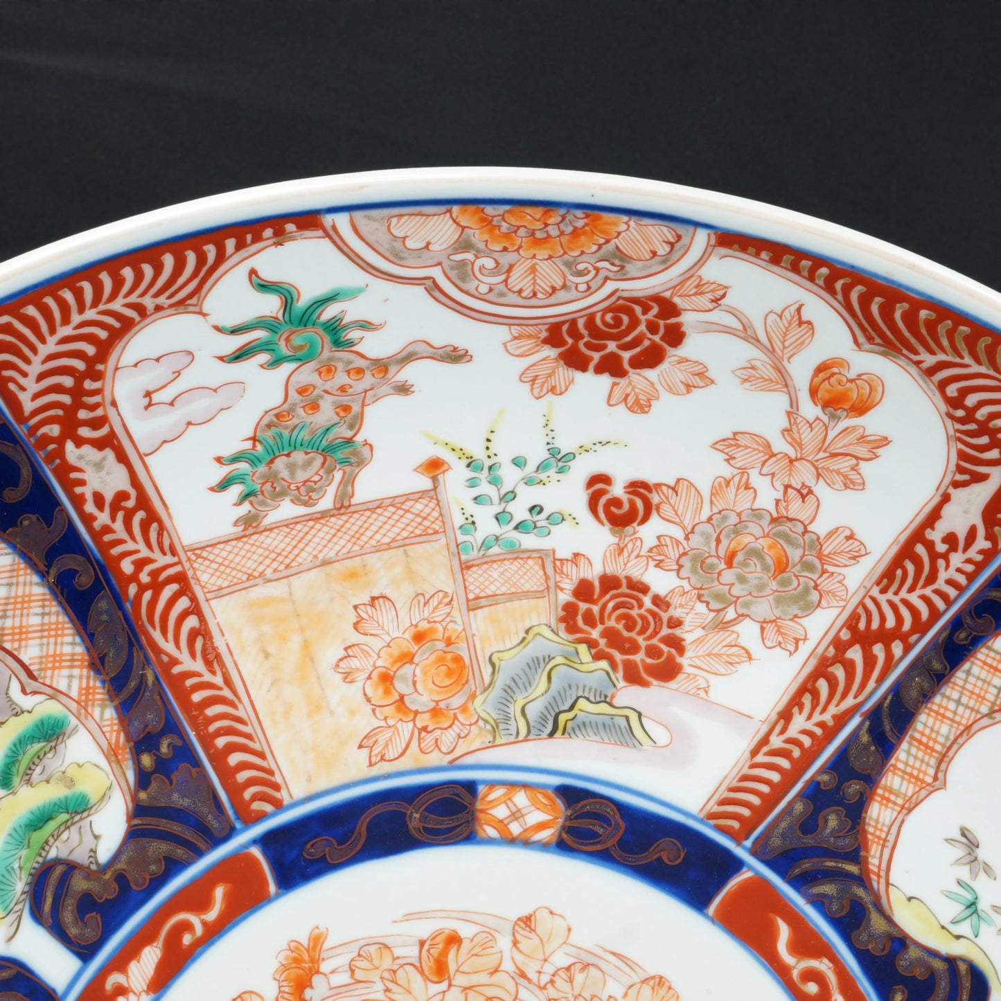 Large Polychrome Japanese Meiji Period Imari Charger with Buddhist Lions 19th Century - Bear and Raven Antiques