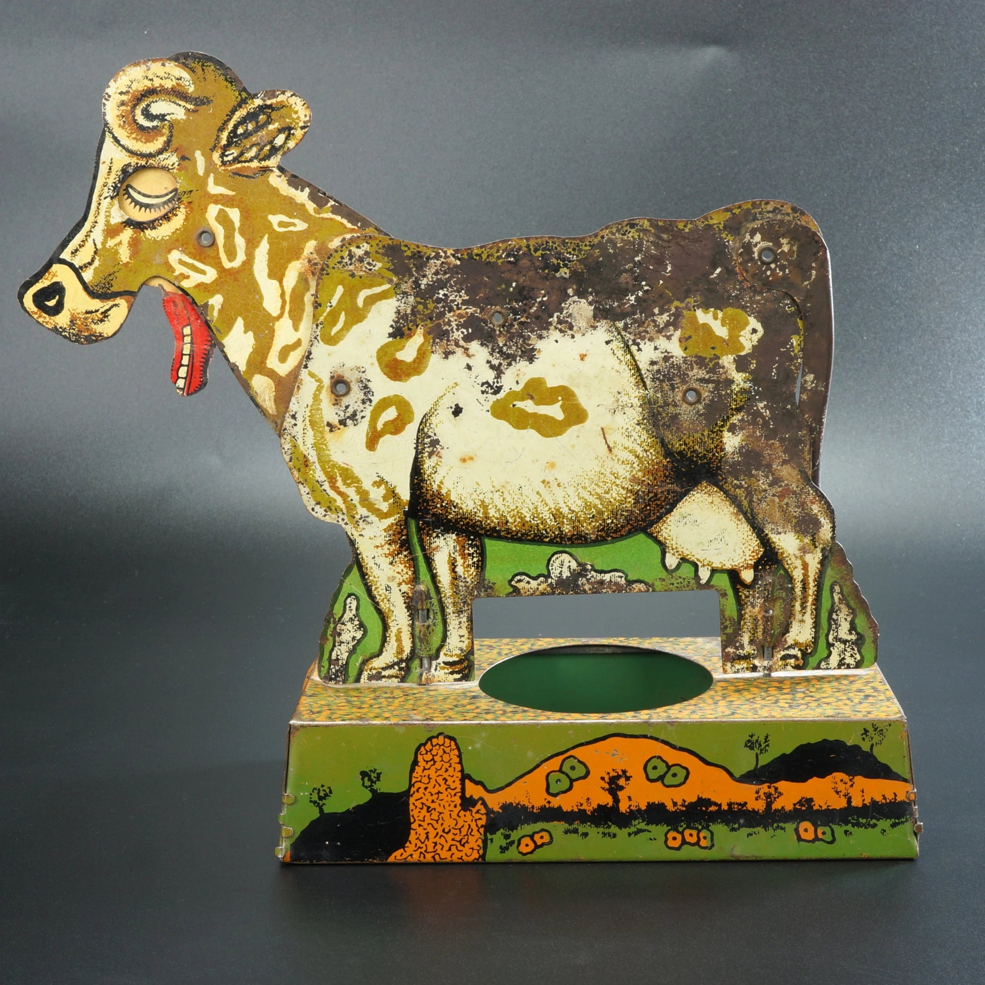 Lithographed Tin Mechanical Bossy Moo Cow Toy Circa 1930's - Bear and Raven Antiques