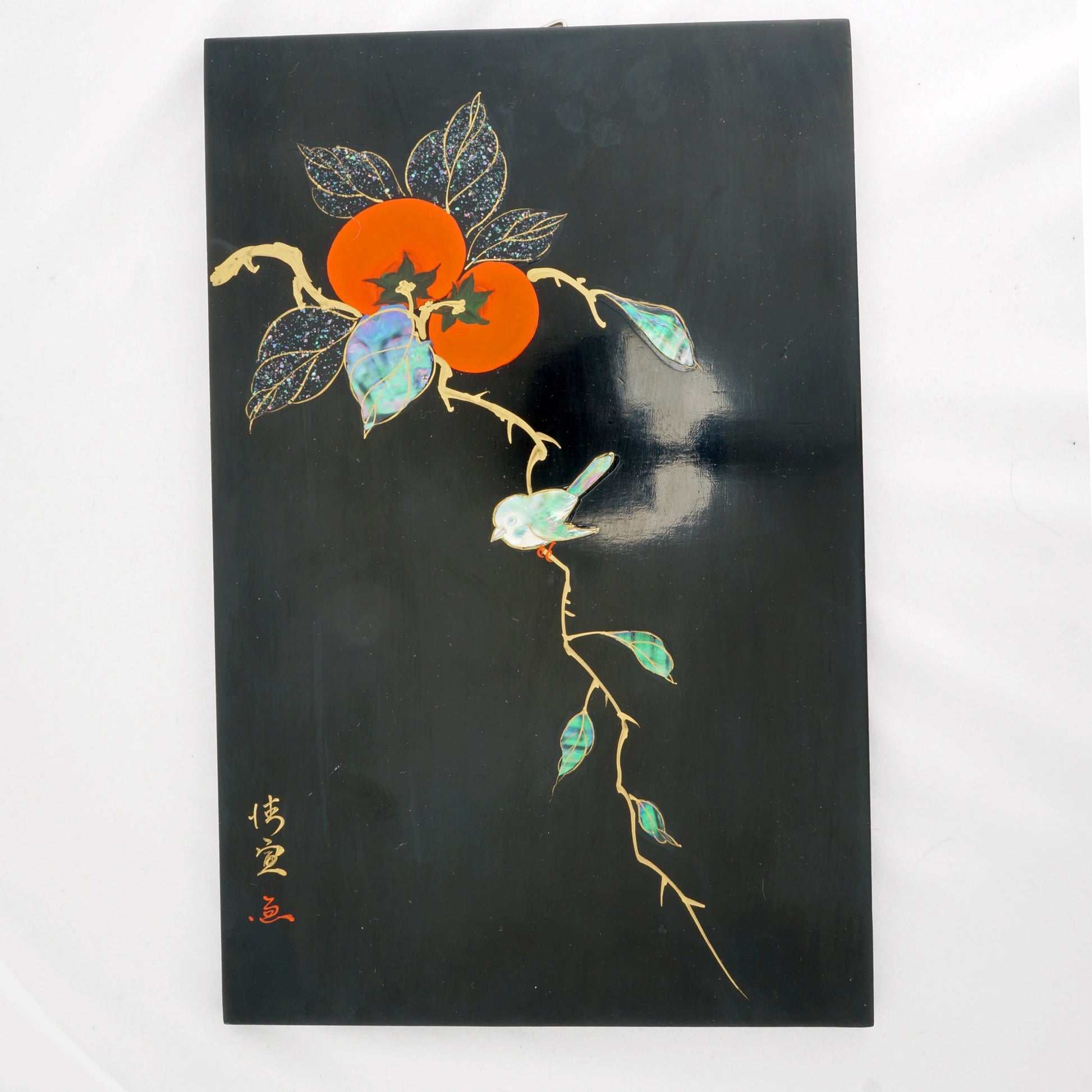 Mid Century Japanese Lacquer Panel Persimmon and Bird - Bear and Raven Antiques