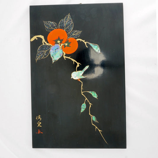 Mid Century Japanese Lacquer Panel Persimmon and Bird - Bear and Raven Antiques