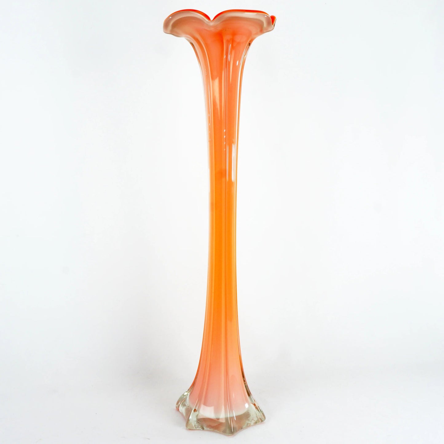 Mid Century Tall Orange Cased Glass Trumpet Vase - Bear and Raven Antiques