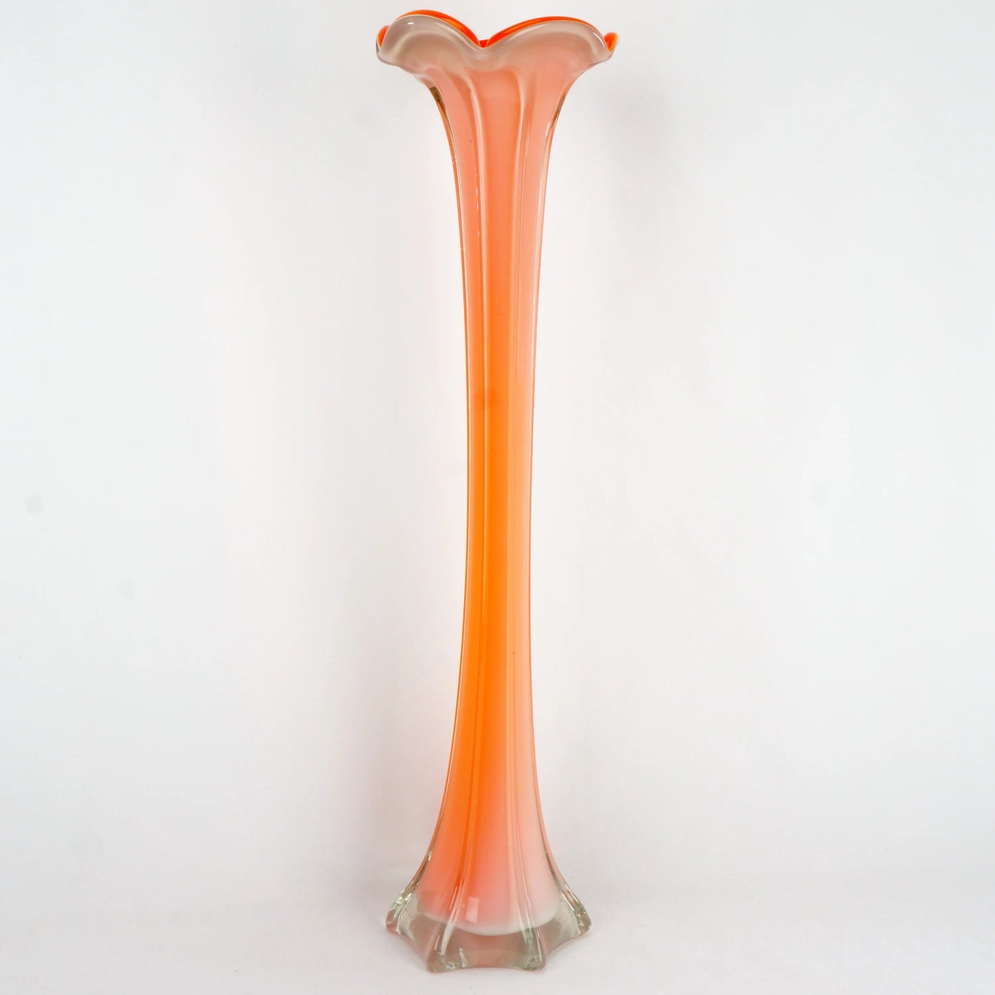 Mid Century Tall Orange Cased Glass Trumpet Vase - Bear and Raven Antiques