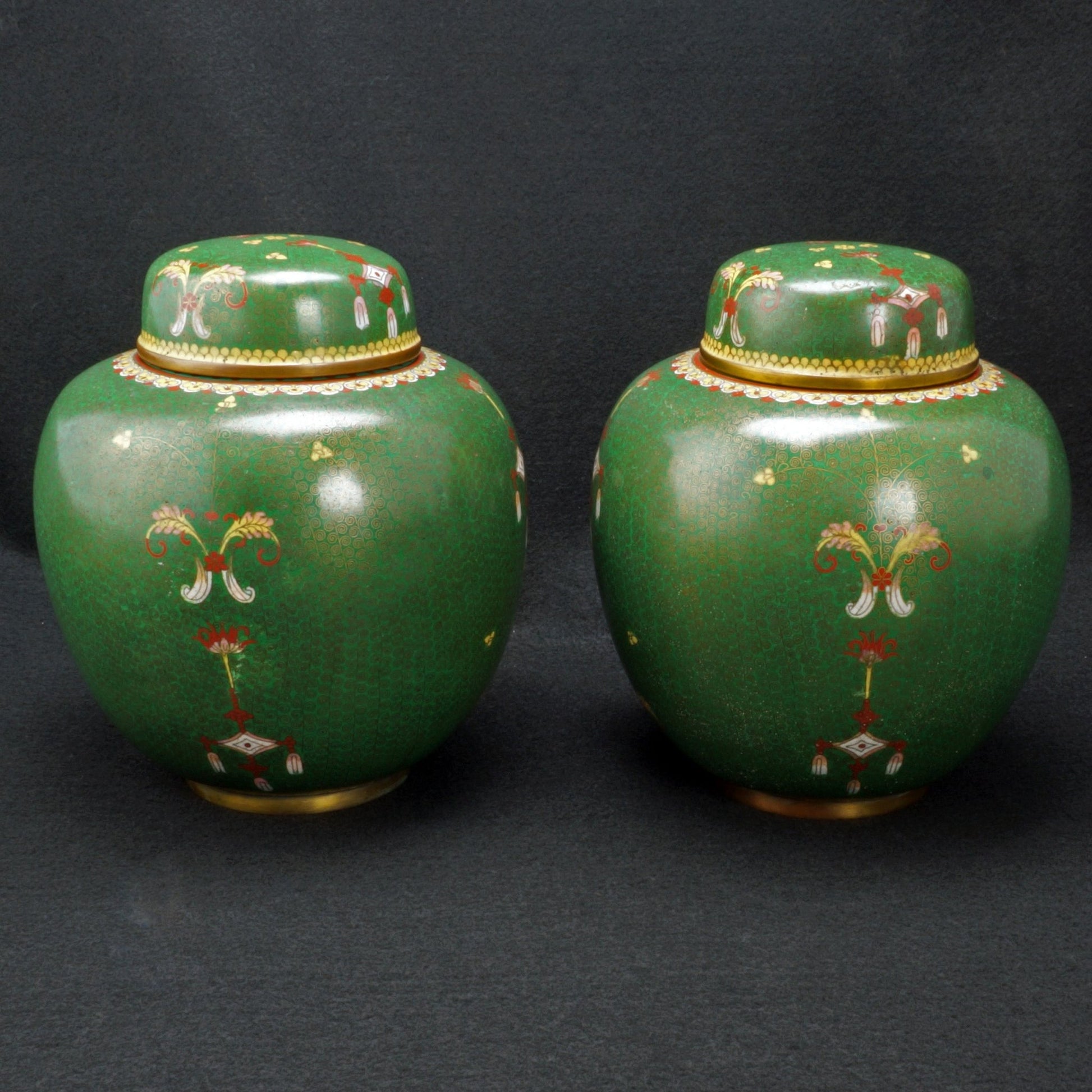 Pair Chinese Green Cloisonné Lidded Jars Circa 1900 - Bear and Raven Antiques