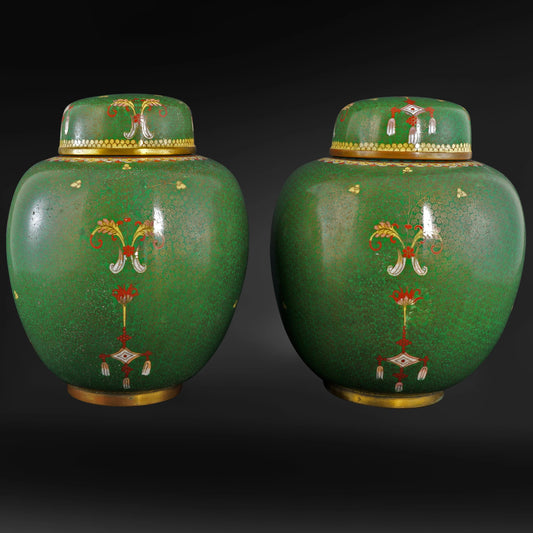 Pair Chinese Green Cloisonné Lidded Jars Circa 1900 - Bear and Raven Antiques