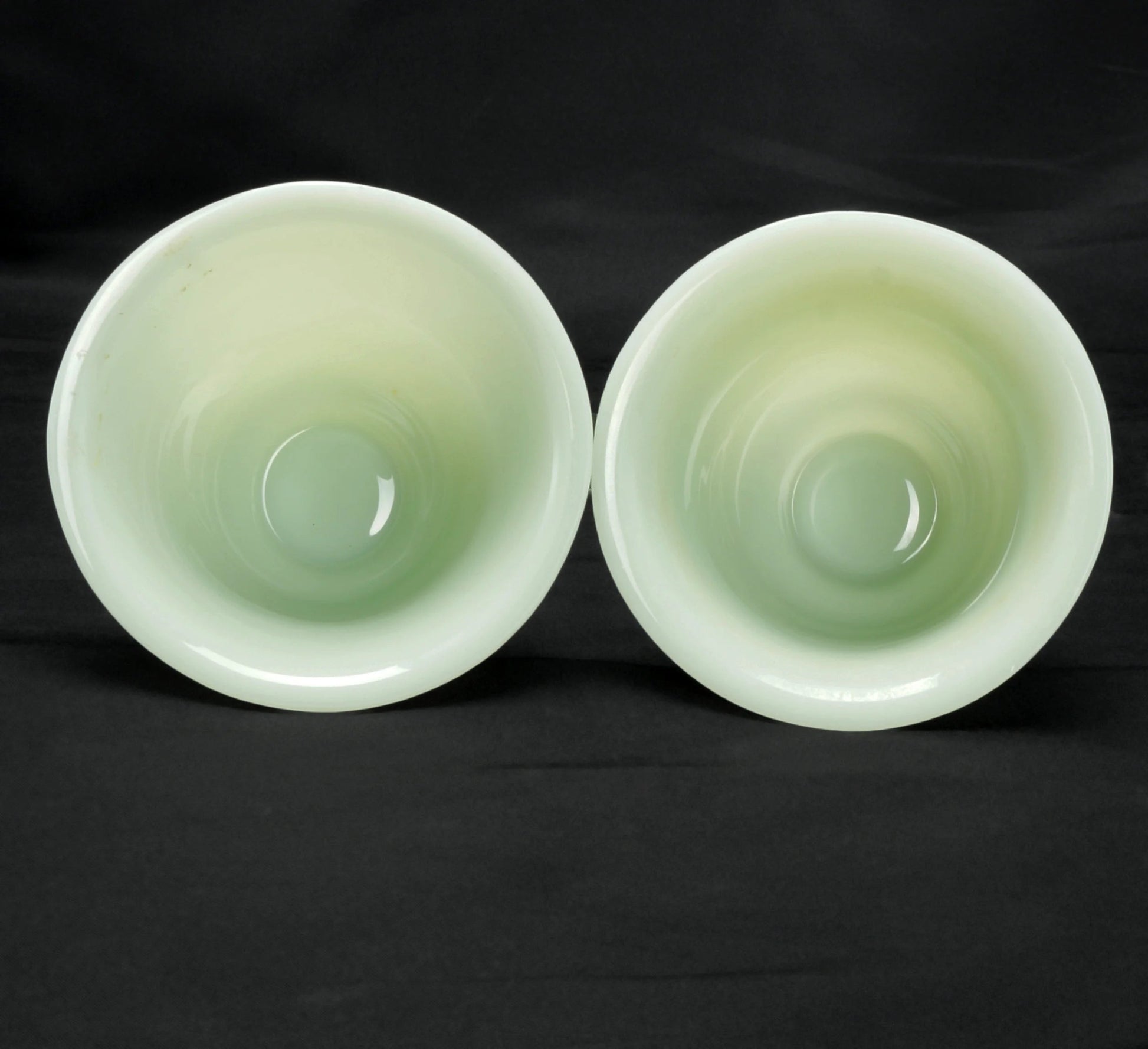 Pair Chinese Peking Glass Wine Cups Jade Color Circa 1920 - Bear and Raven Antiques