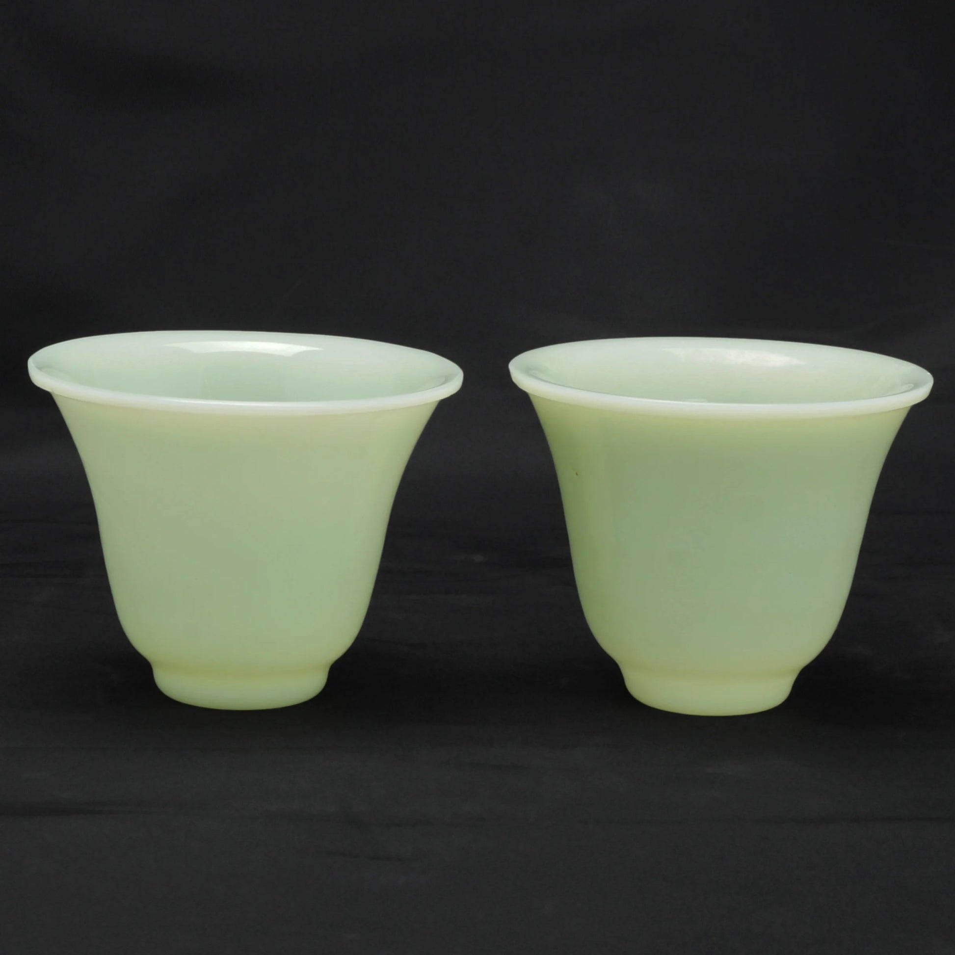 Pair Chinese Peking Glass Wine Cups Jade Color Circa 1920 - Bear and Raven Antiques