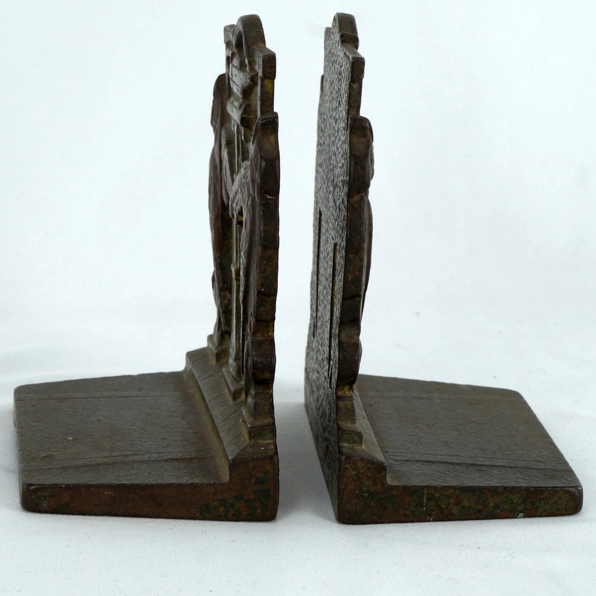 Pair of Lamp of Knowledge Bookends Cast Iron Judd 1926 - Bear and Raven Antiques