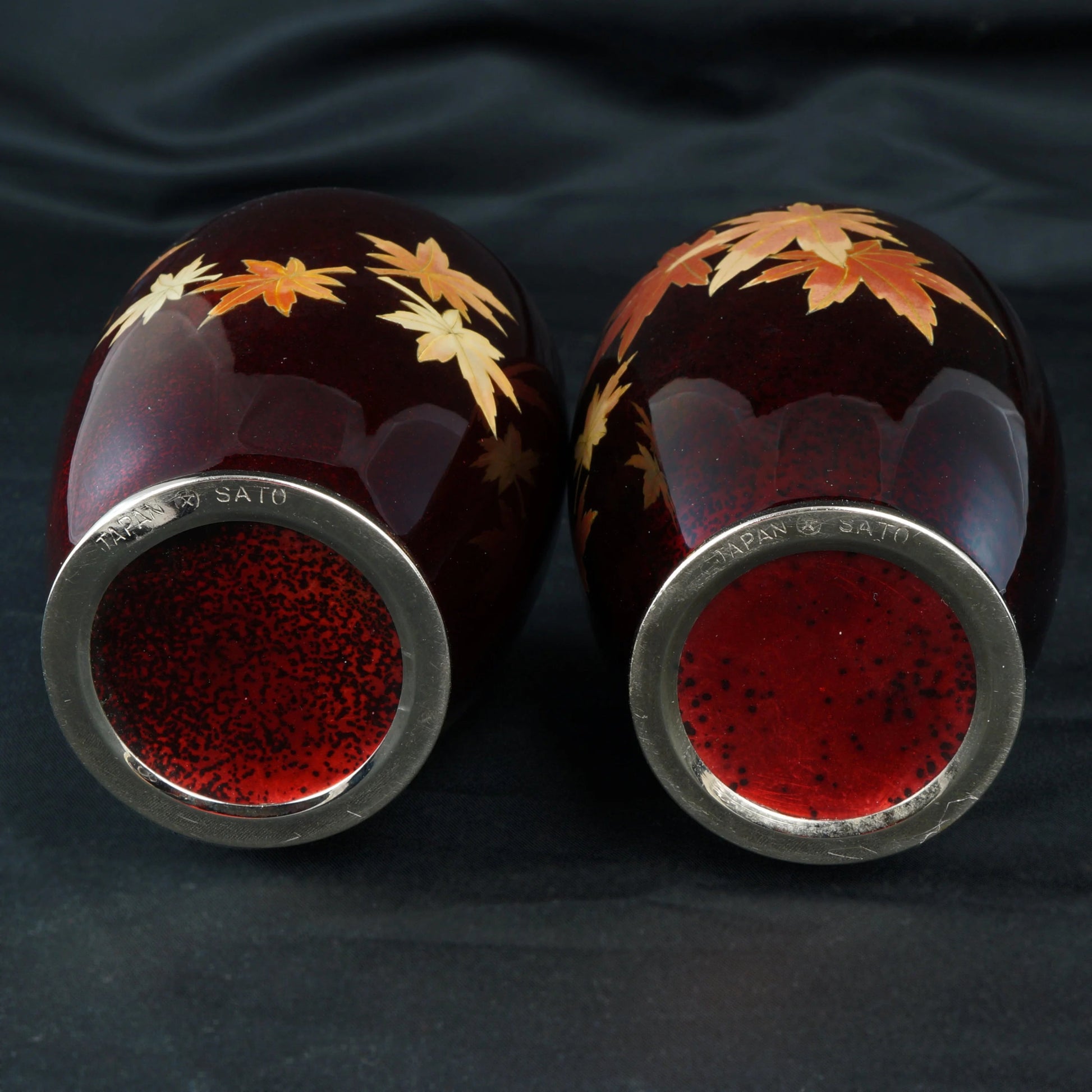 Pair of Mid Century Ando Sato Japanese Cloisonné Maple Leaf Vases - Bear and Raven Antiques