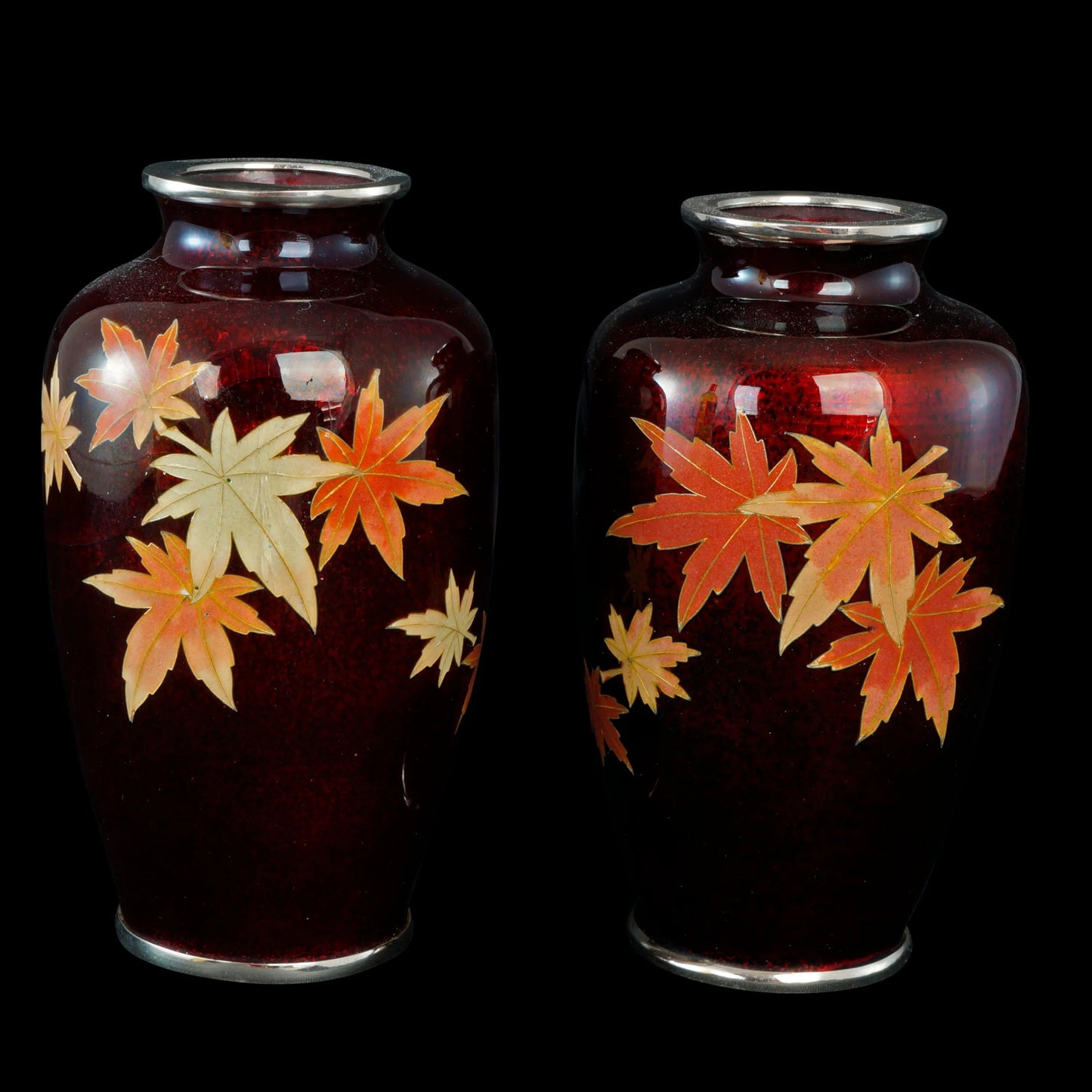 Pair of Mid Century Ando Sato Japanese Cloisonné Maple Leaf Vases - Bear and Raven Antiques