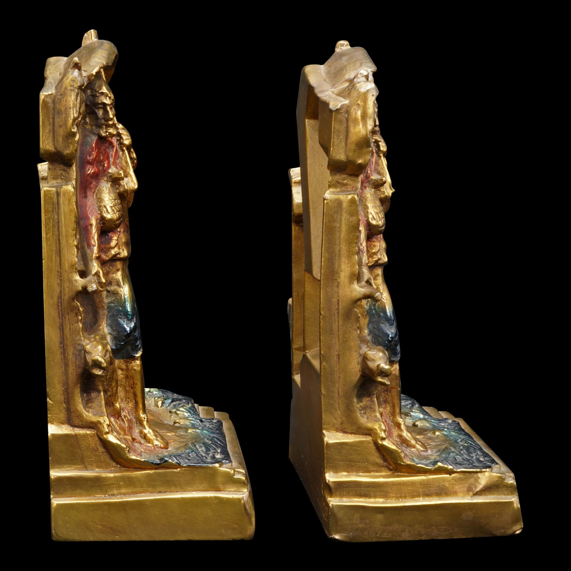 Pair of Pompeian Polychrome Bronze Robinson Crusoe Bookends Circa 1915 - Bear and Raven Antiques