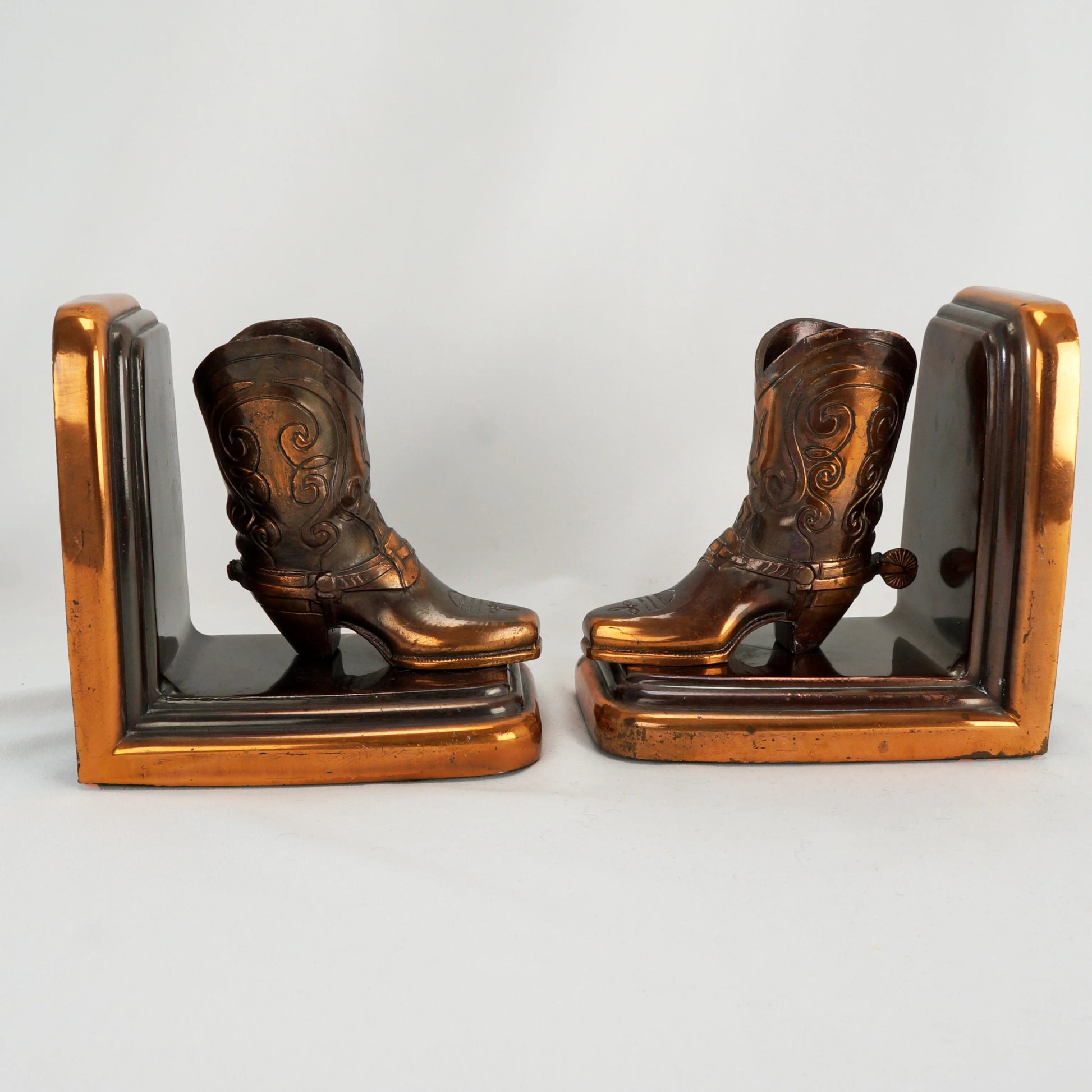 Pair of Vintage Cowboy Boot Copper Patina Bookends 1950's - Bear and Raven Antiques