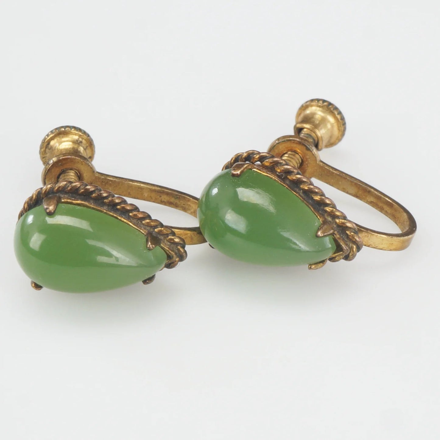 Pair of Vintage Jade Teardrop Earrings Screw Back Gold Filled - Bear and Raven Antiques