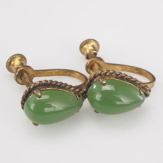 Pair of Vintage Jade Teardrop Earrings Screw Back Gold Filled - Bear and Raven Antiques