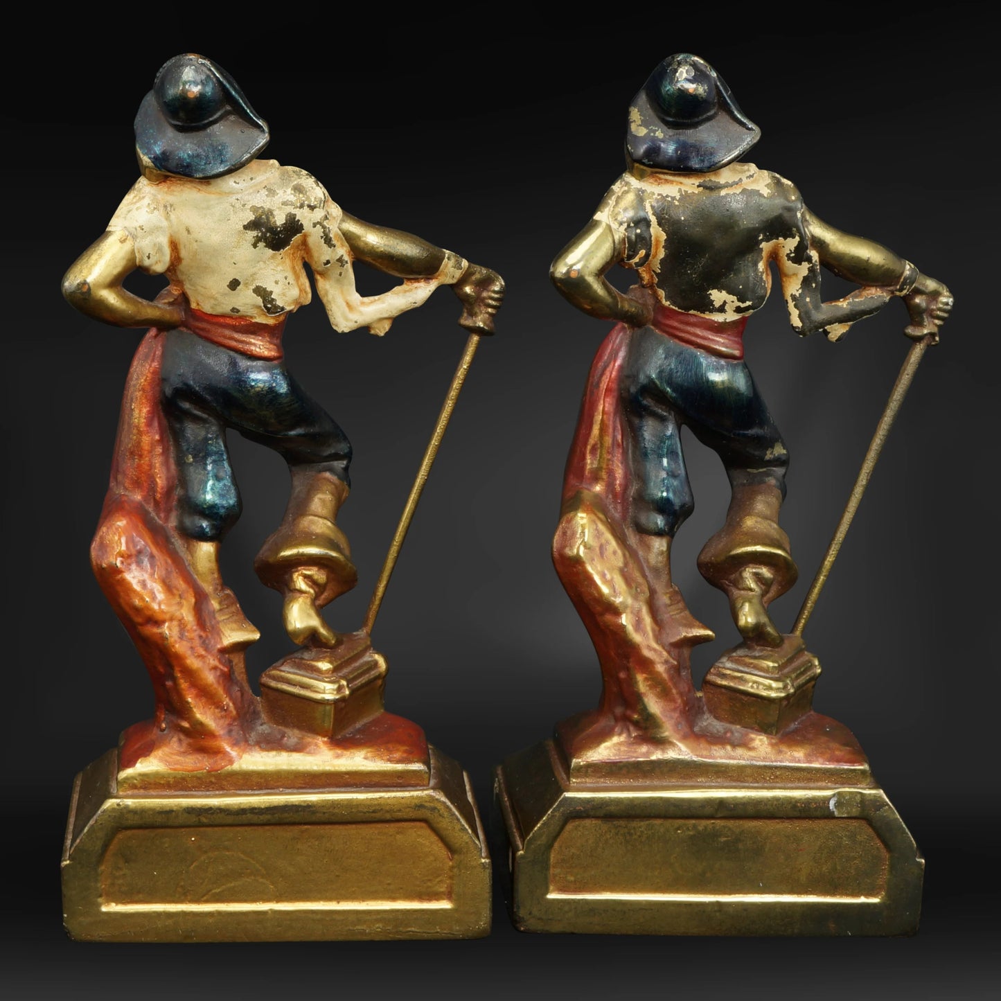 Pair Pompeian Bronze Plated and Enameled Pirate Bookends Circa 1925 - Bear and Raven Antiques