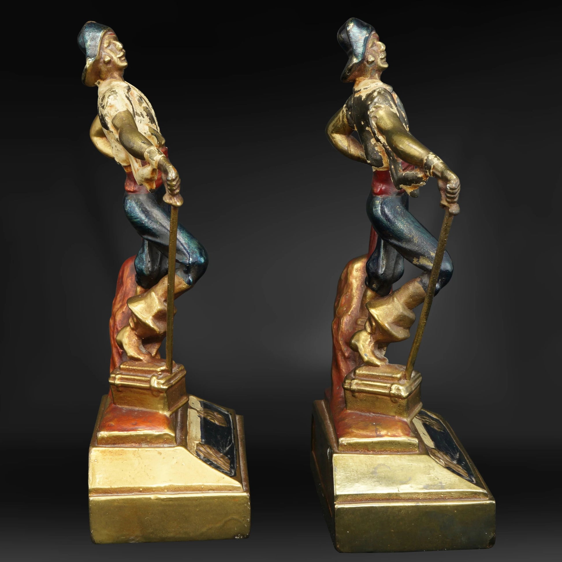 Pair Pompeian Bronze Plated and Enameled Pirate Bookends Circa 1925 - Bear and Raven Antiques