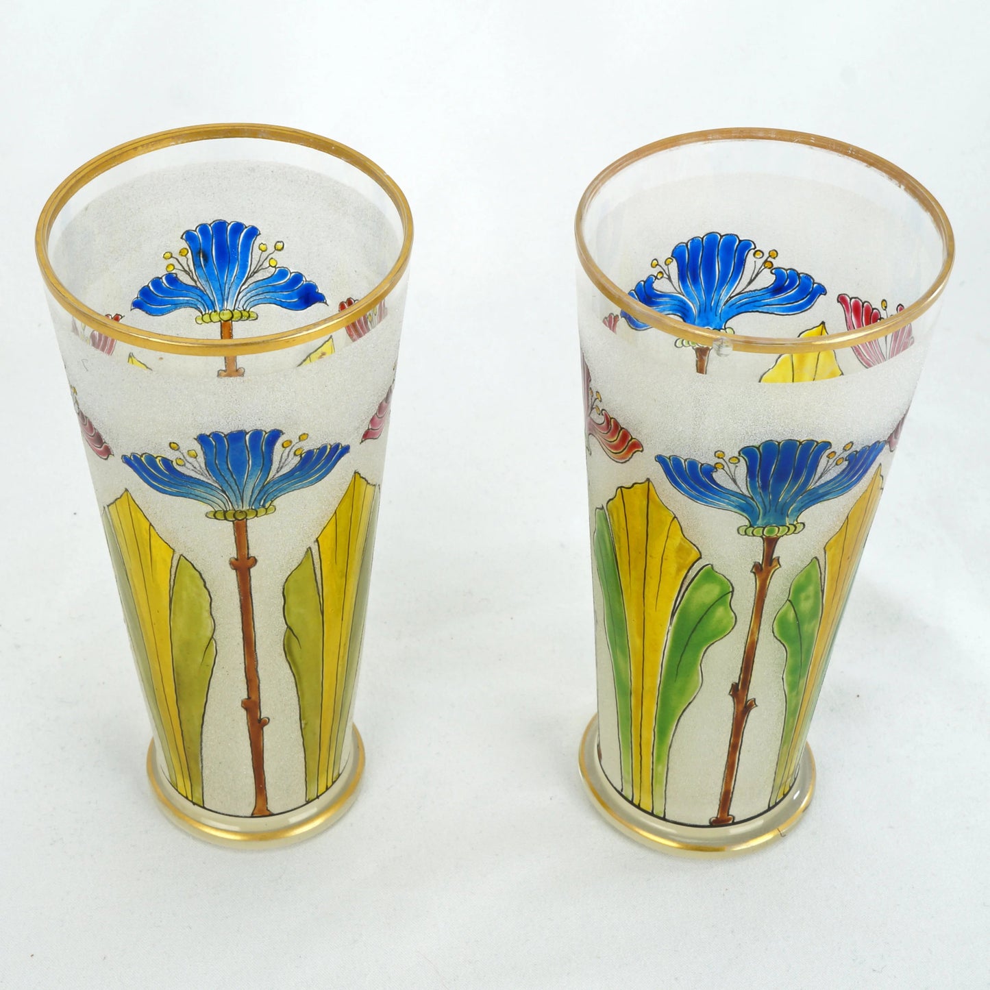 Pair Theresienthal Poschinger Bohemian Art Nouveau Enameled Glasses c 1900 - Bear and Raven Antiques