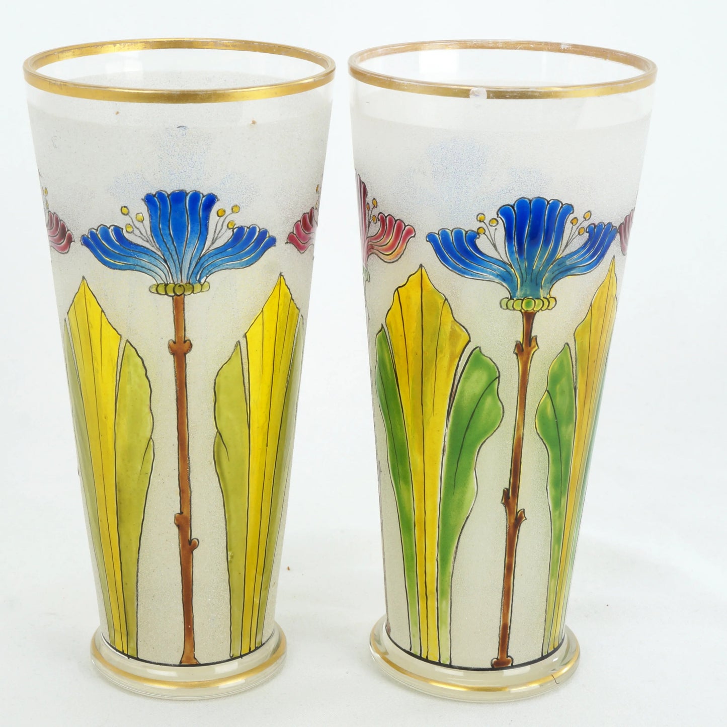 Pair Theresienthal Poschinger Bohemian Art Nouveau Enameled Glasses c 1900 - Bear and Raven Antiques