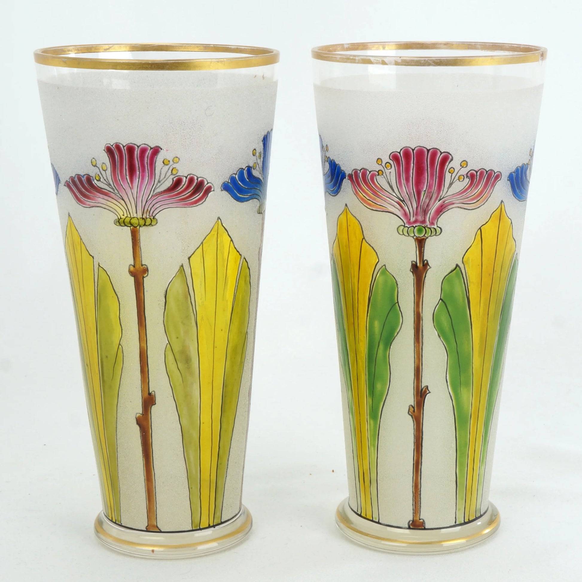 Pair Theresienthal Poschinger Bohemian Art Nouveau Enameled Glasses c 1900 - Bear and Raven Antiques