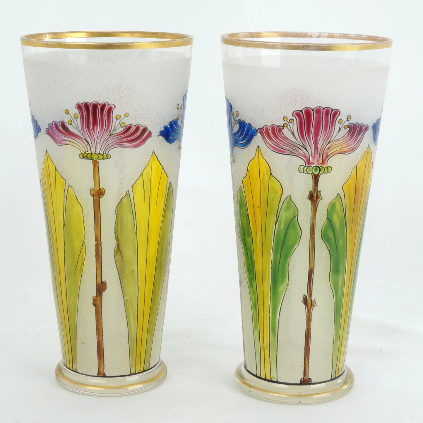 Pair Theresienthal Poschinger Bohemian Art Nouveau Enameled Glasses c 1900 - Bear and Raven Antiques