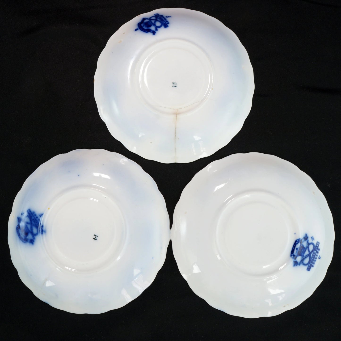 Set of 3 of Antique New Wharf Flow Blue Saucer Lancaster Pattern c 1890 - Bear and Raven Antiques