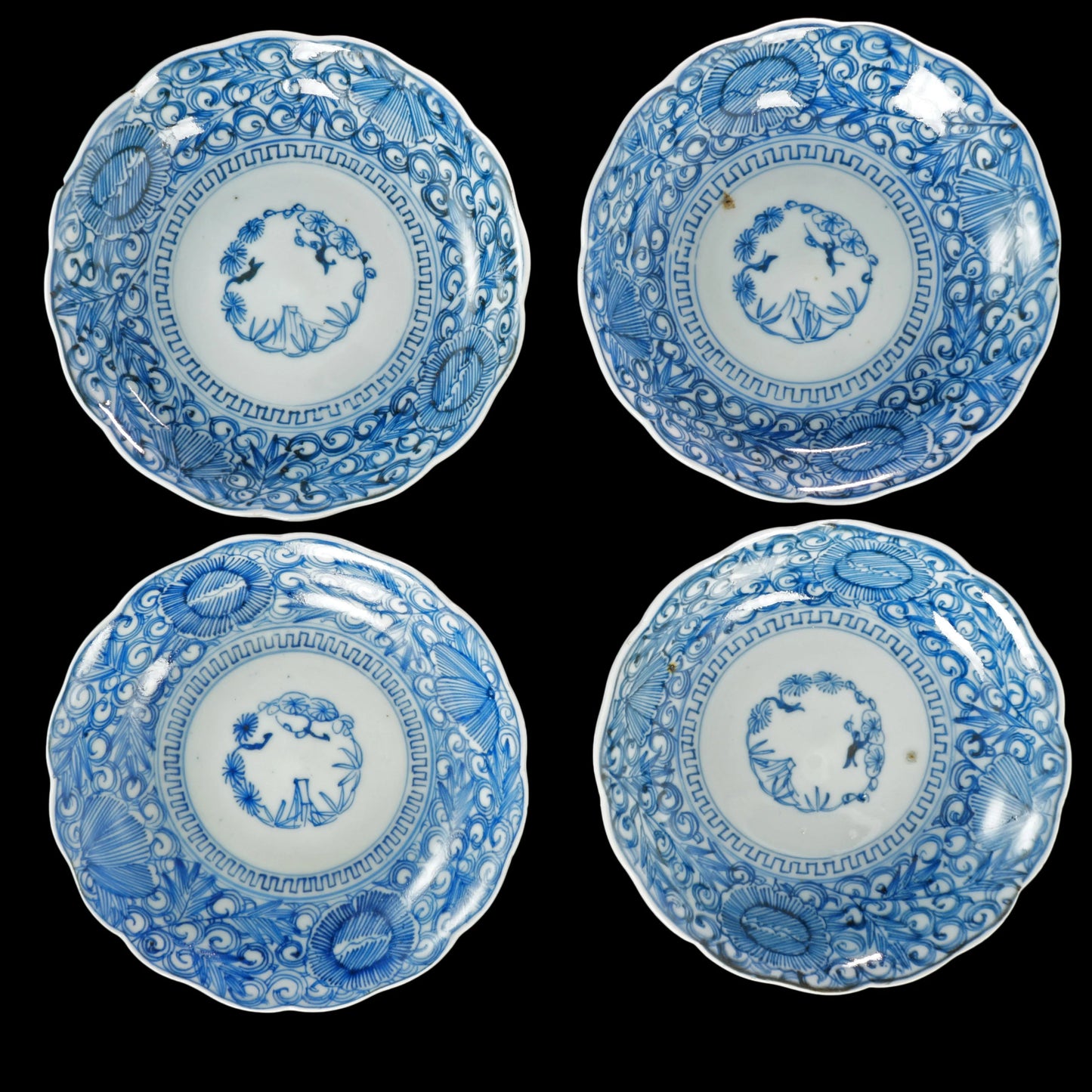 Set of Four Japanese Arita Three Friends Blue and White Shallow Bowls Meiji Period - Bear and Raven Antiques