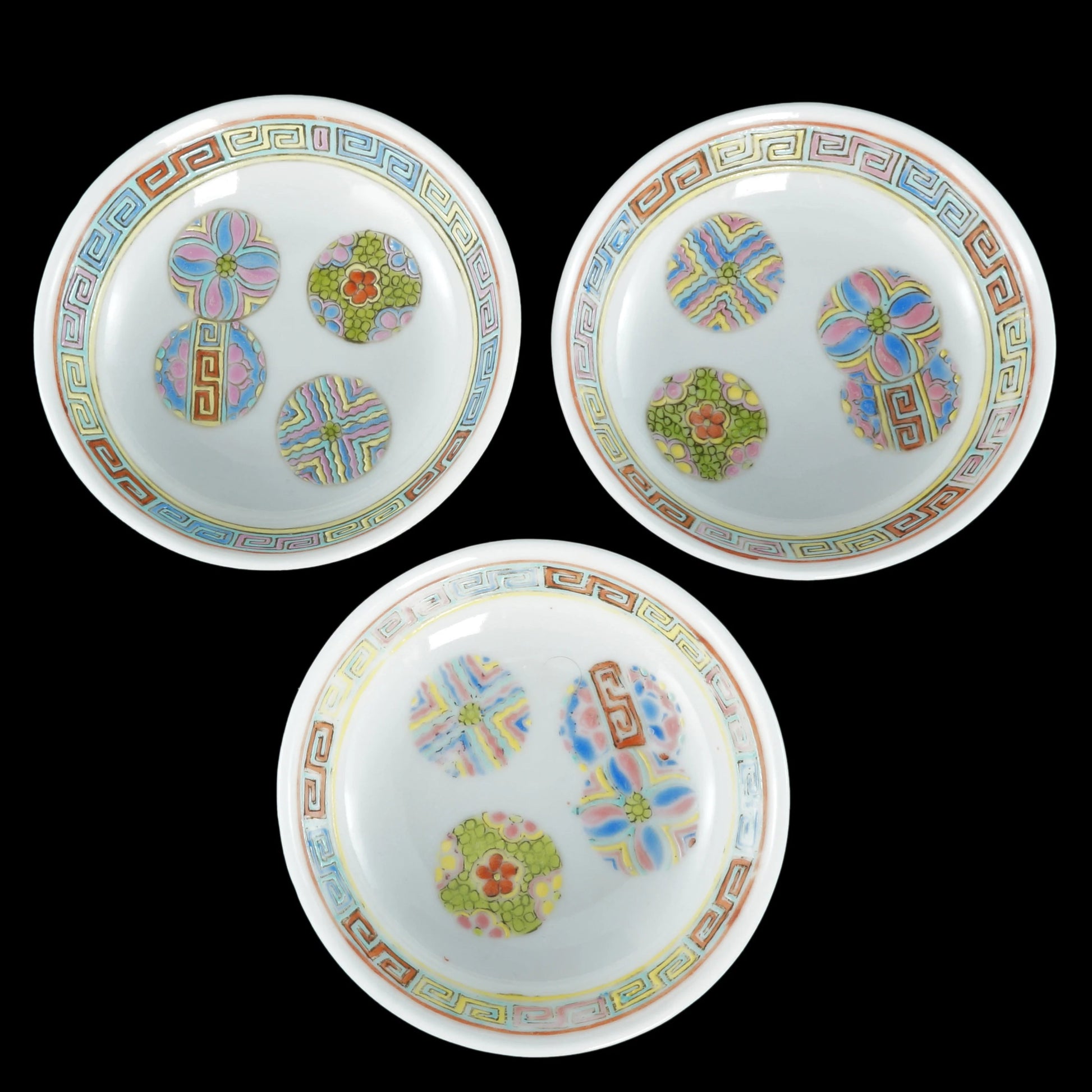 Set of Three Chinese Guangxu Marked Polychrome Silk Ball Sauce Dishes Republic Period - Bear and Raven Antiques