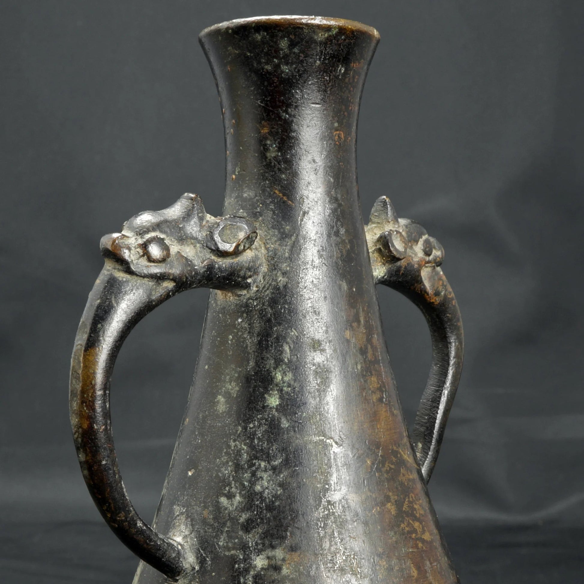 Small Chinese Bronze Scholar Vase with Mask Handles Late Ming/Early Qing circa 16th C - Bear and Raven Antiques